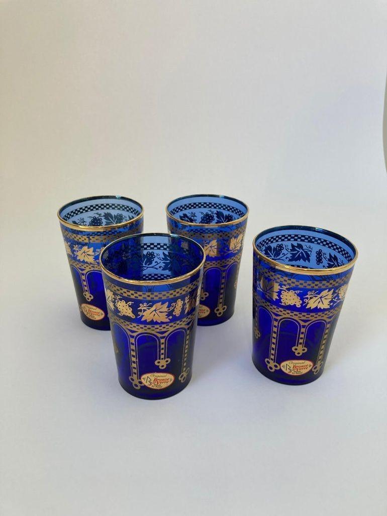 Moorish Blue and Gold Crystal Barware Italian Drinking Glasses Set of 4 For Sale 1