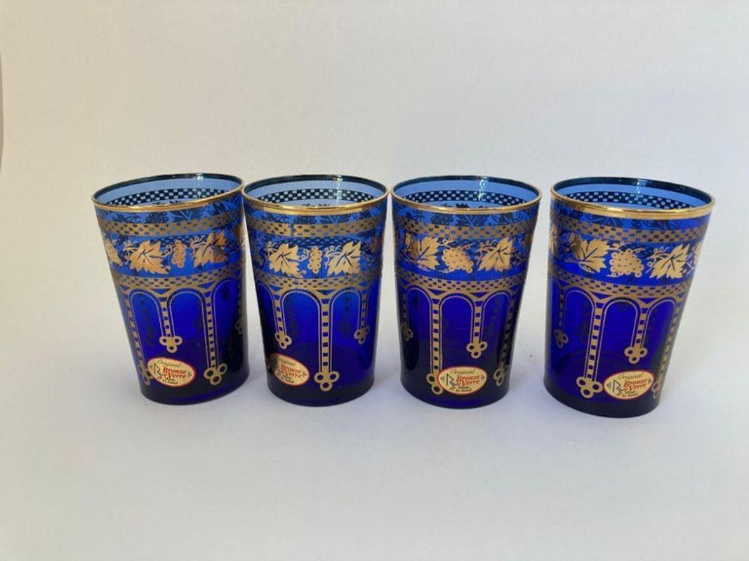 Moorish Blue and Gold Crystal Barware Italian Drinking Glasses Set of 4 5