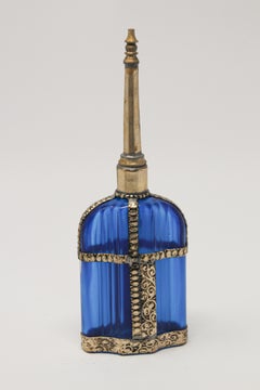 Moorish Blue Glass Perfume Bottle Sprinkler with Embossed Metal Overlay