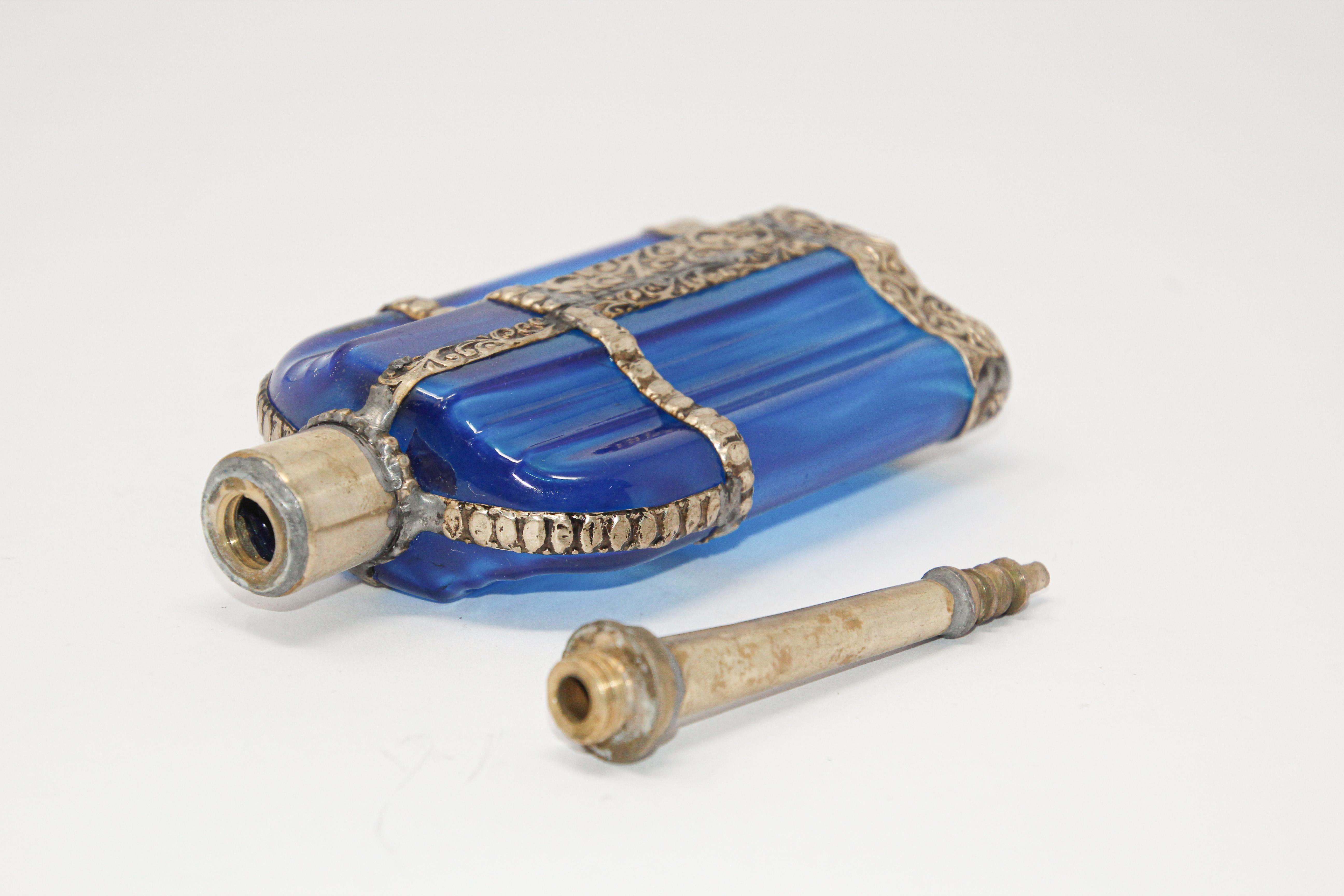 Hand-Crafted Moorish Blue Glass Perfume Bottle Sprinkler with Embossed Metal Overlay