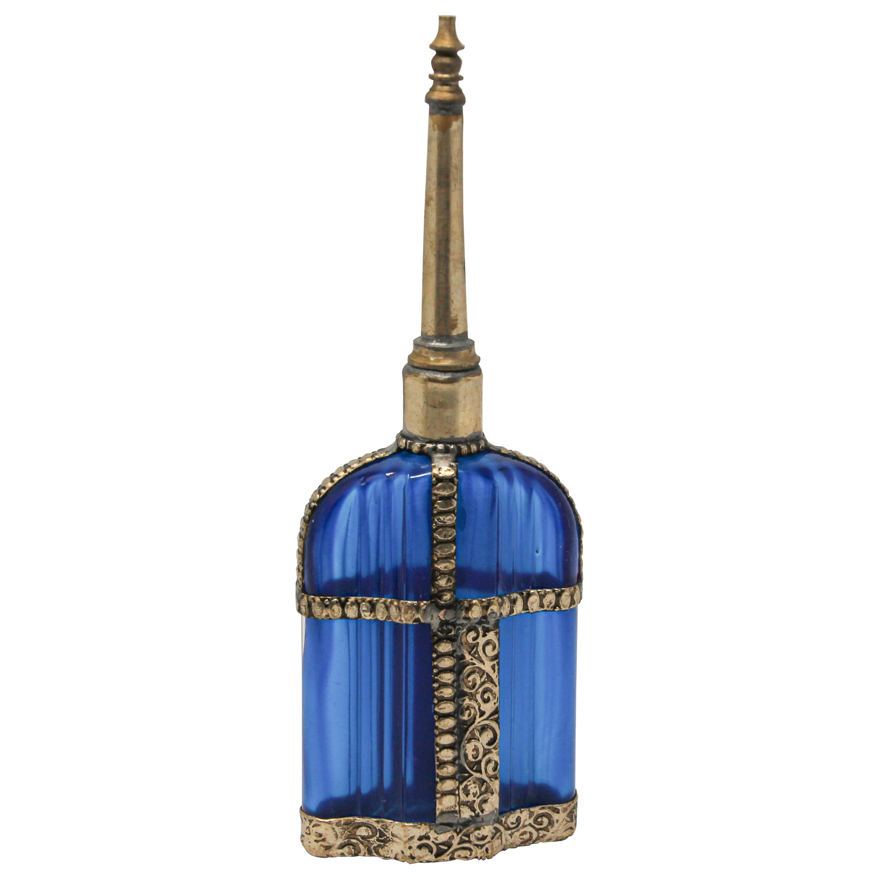 Moorish Blue Glass Perfume Bottle Sprinkler with Embossed Metal Overlay