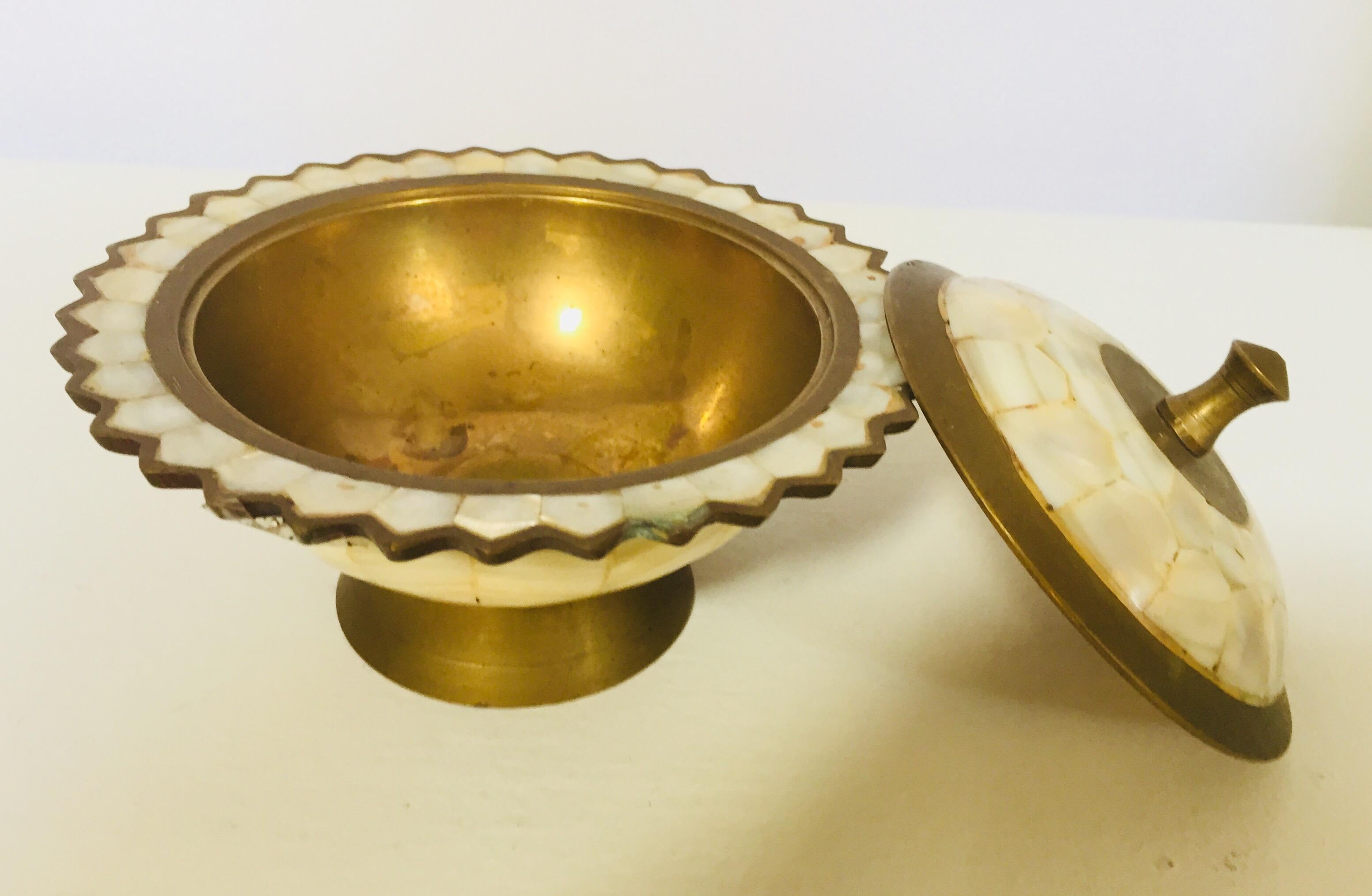 Moorish Brass and Mother-of-Pearl Footed Container with Lid 2