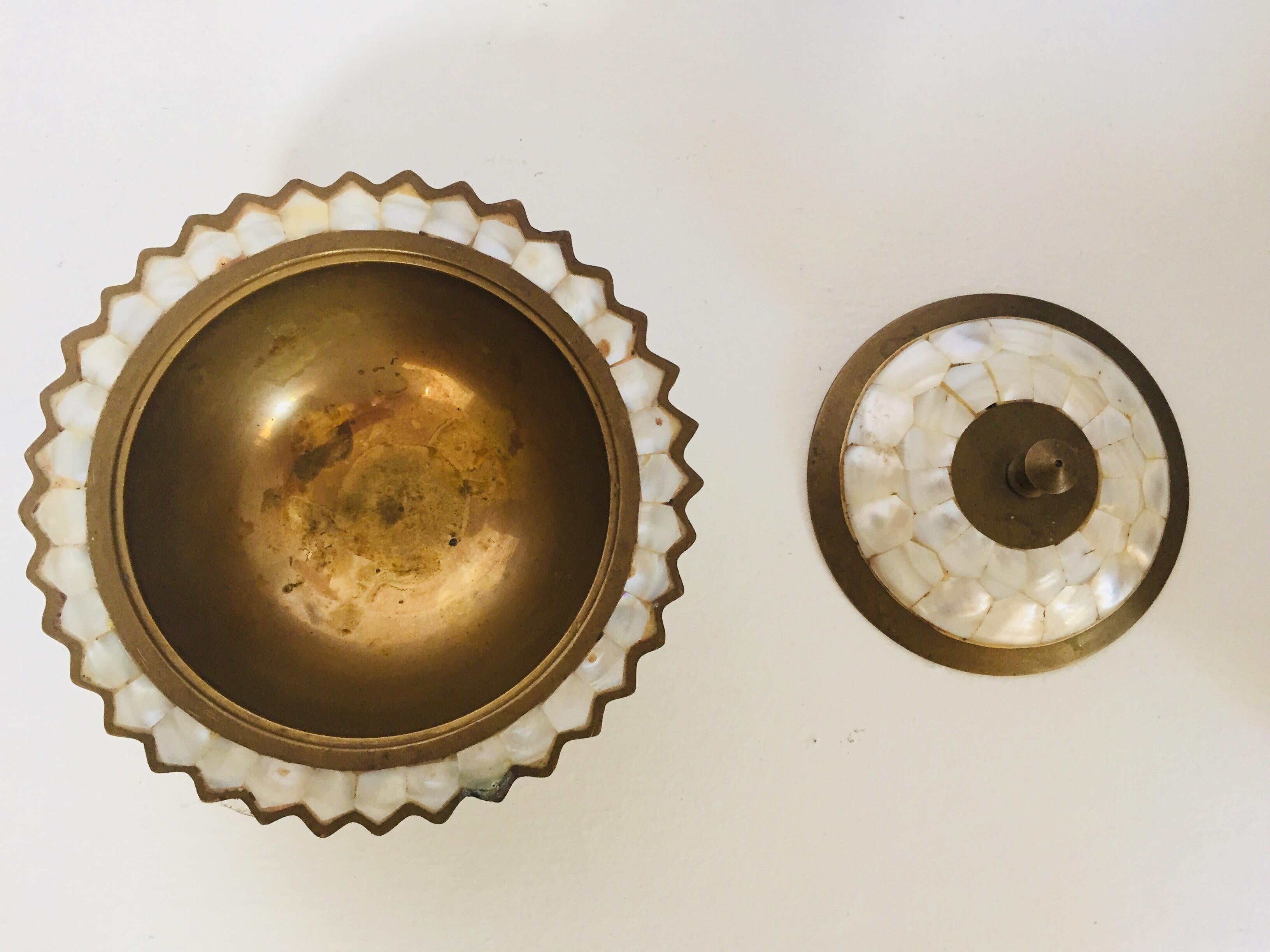 Moorish Brass and Mother-of-Pearl Footed Container with Lid 3
