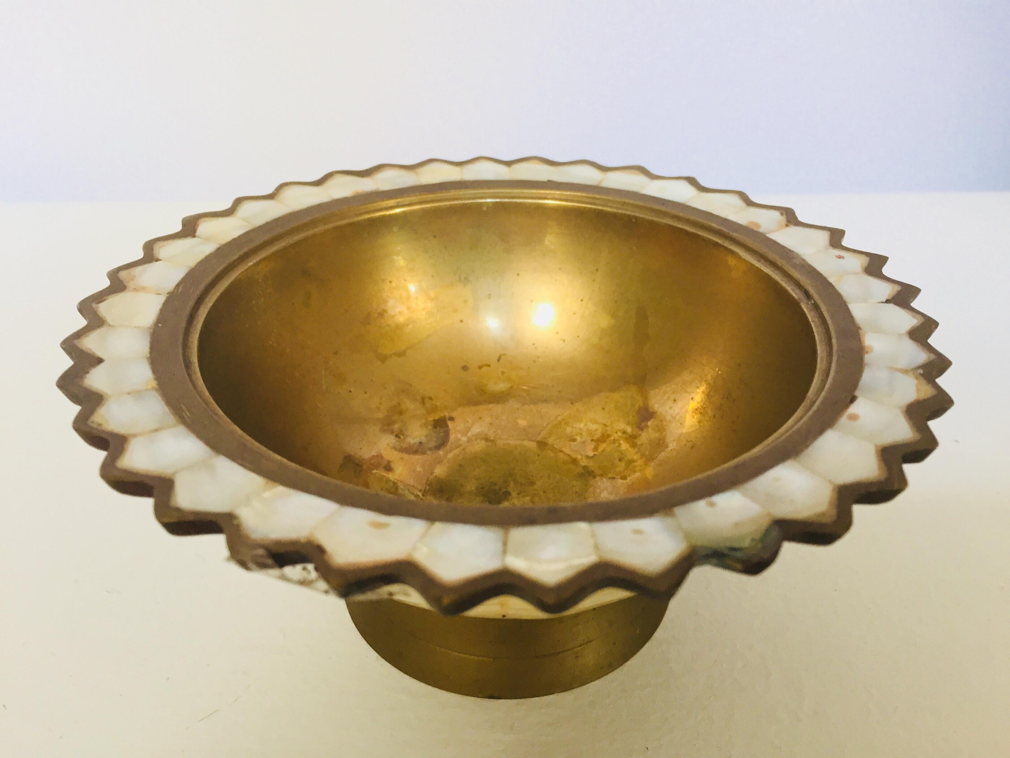 Moorish Brass and Mother-of-Pearl Footed Container with Lid 4