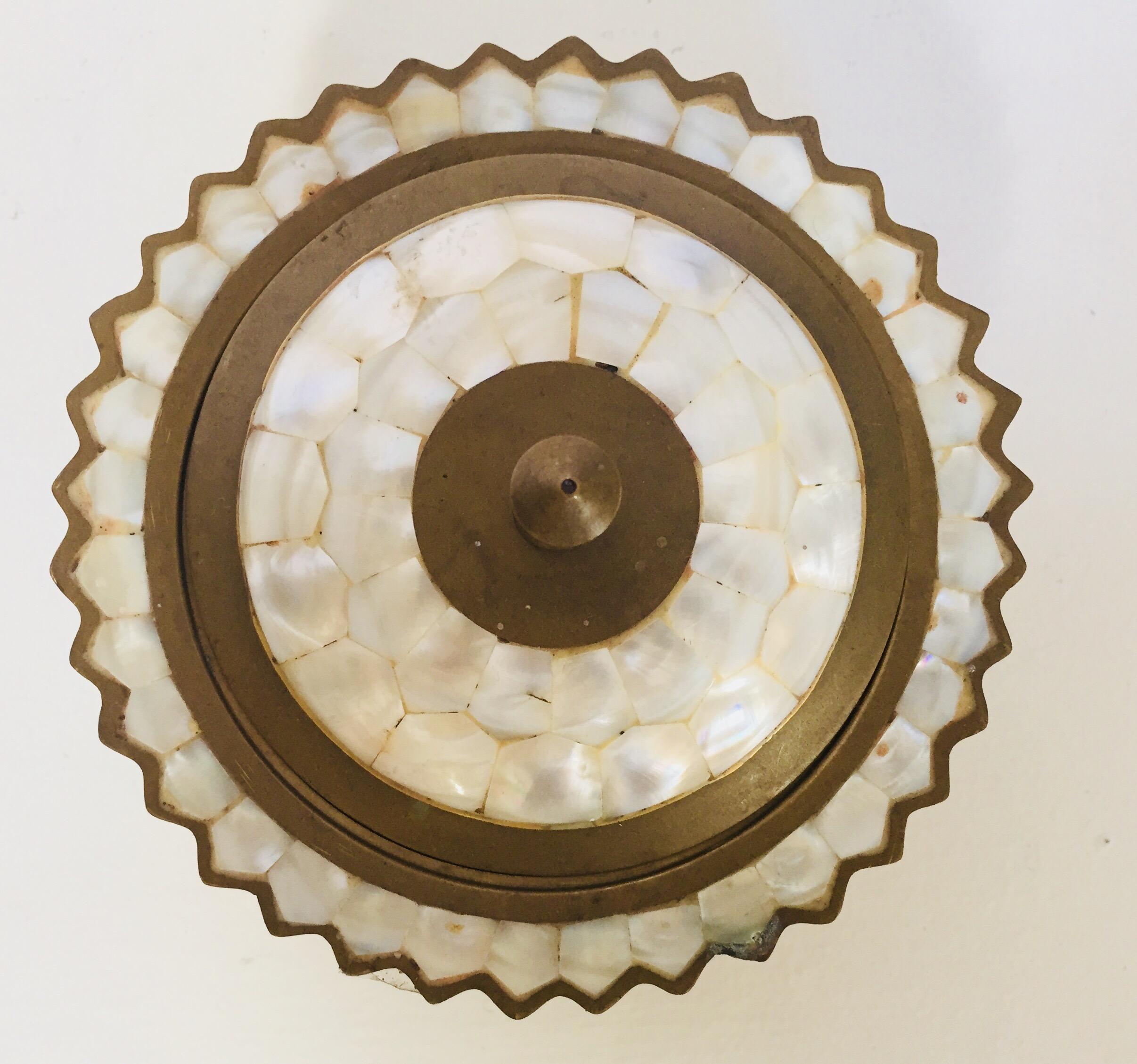 Anglo Raj Moorish Brass and Mother-of-Pearl Footed Container with Lid