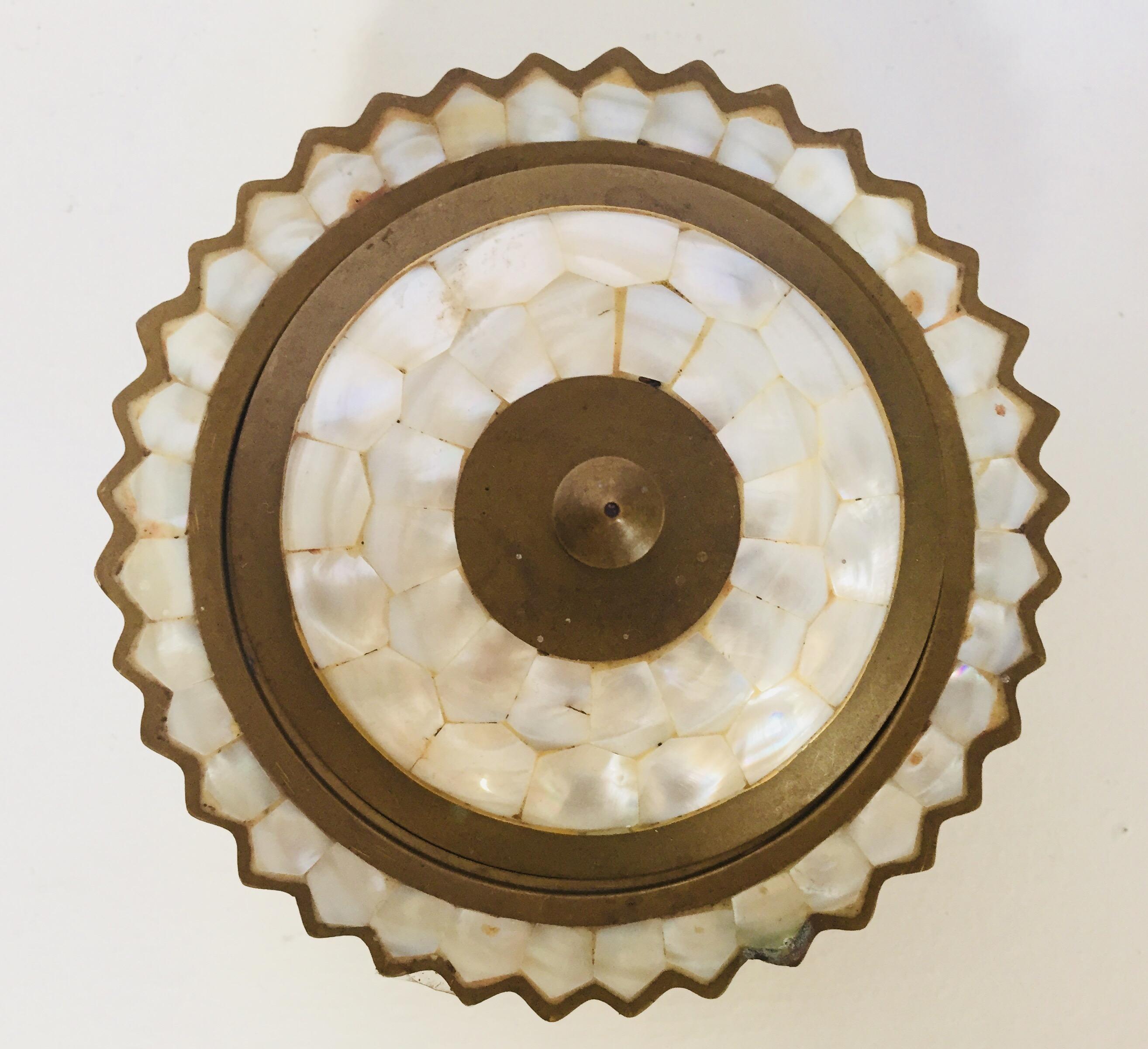 Indian Moorish Brass and Mother-of-Pearl Footed Container with Lid
