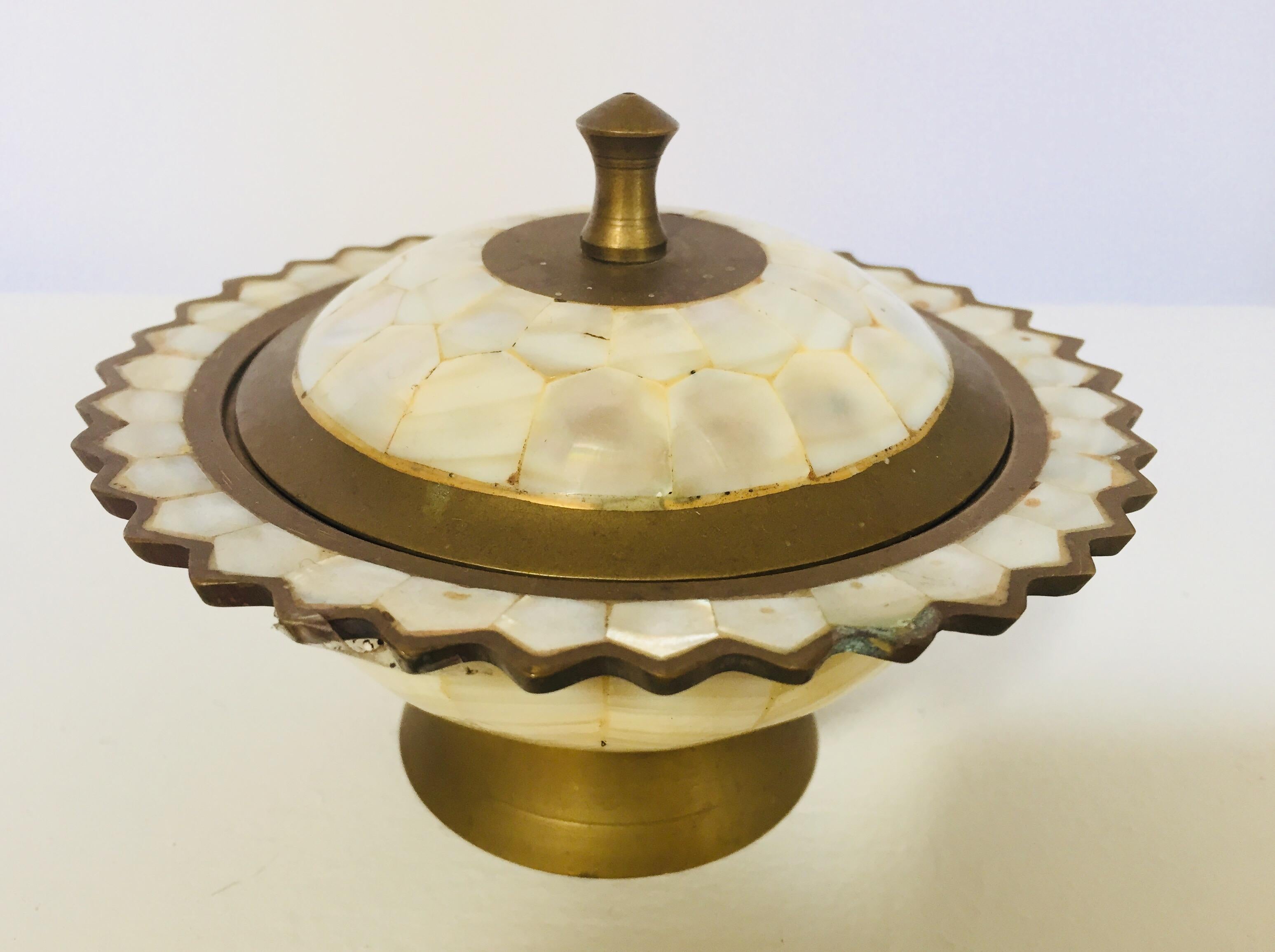 Hand-Crafted Moorish Brass and Mother-of-Pearl Footed Container with Lid