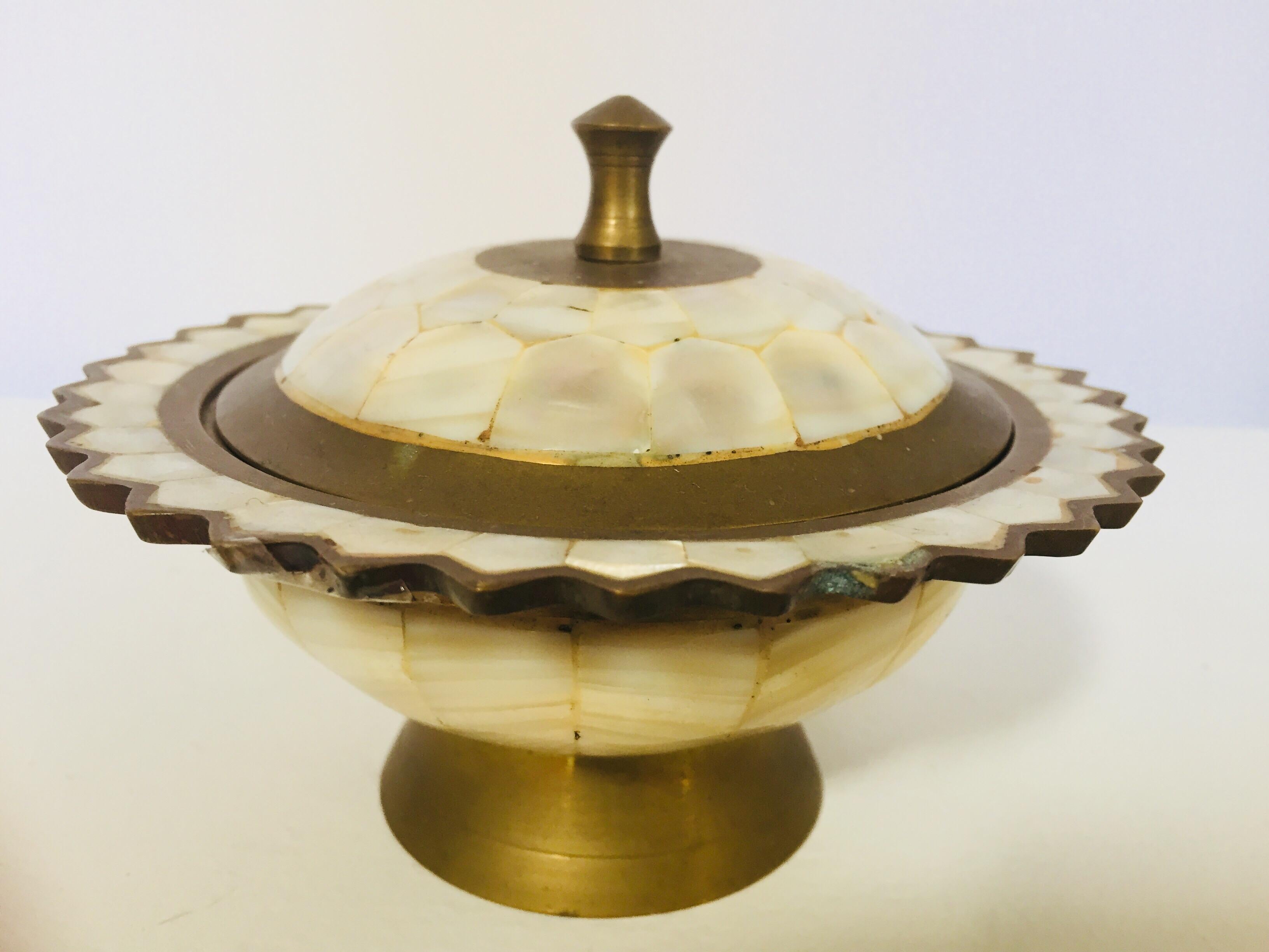 20th Century Moorish Brass and Mother-of-Pearl Footed Container with Lid