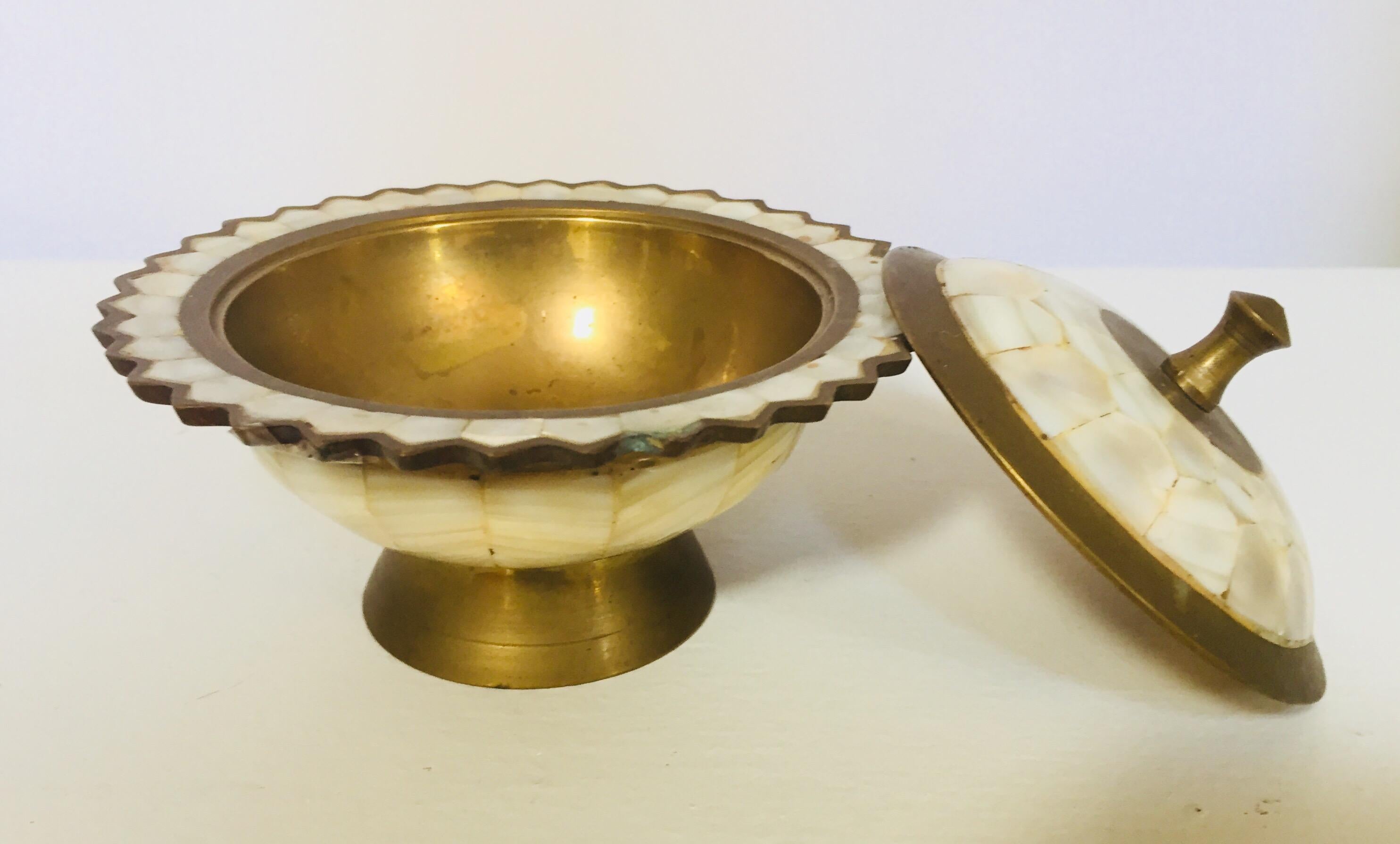 Moorish Brass and Mother-of-Pearl Footed Container with Lid 1