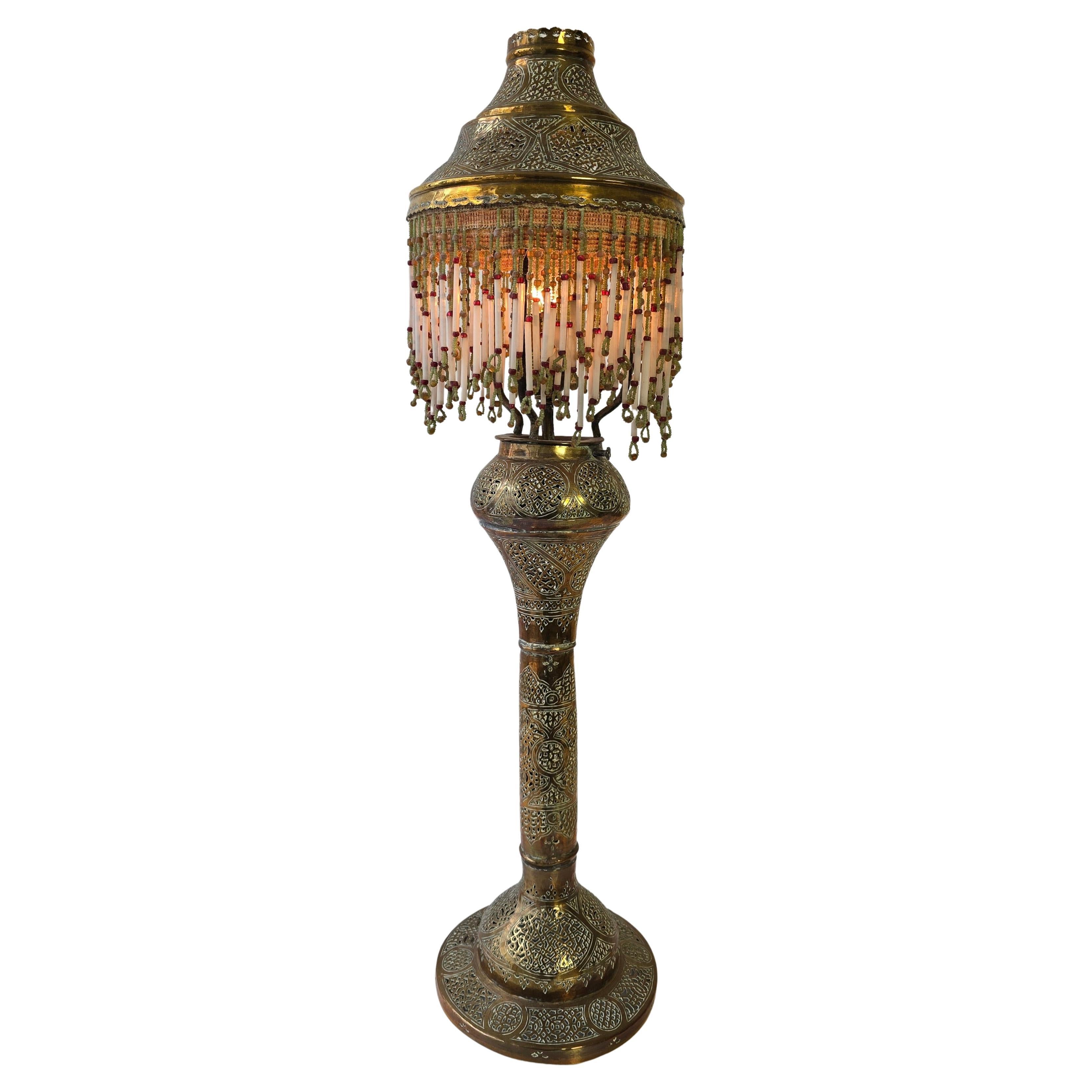 Moorish brass Syrian table lamp with Arabic decorations