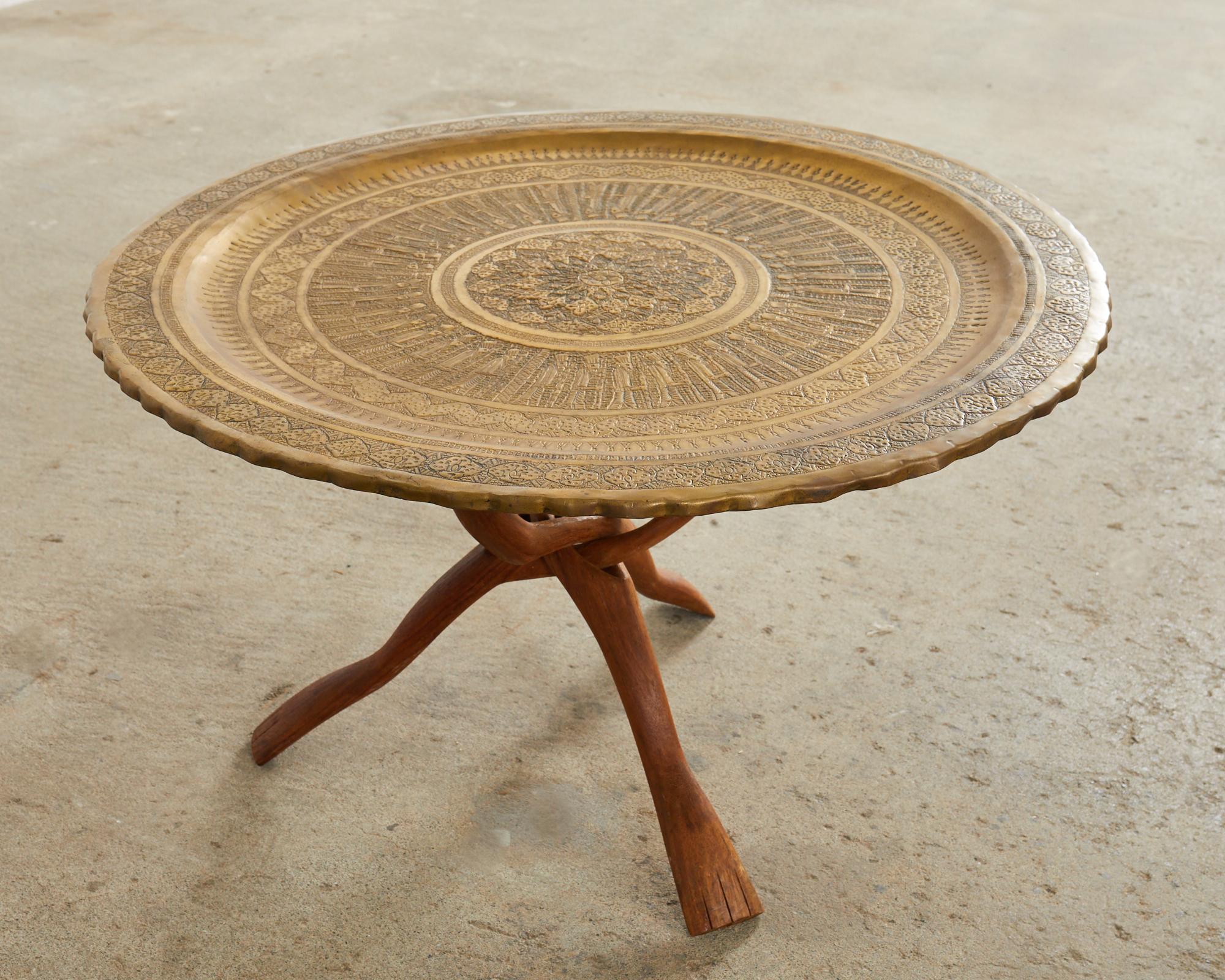Moorish Brass Tray Table with Folding Hardwood Base For Sale 4