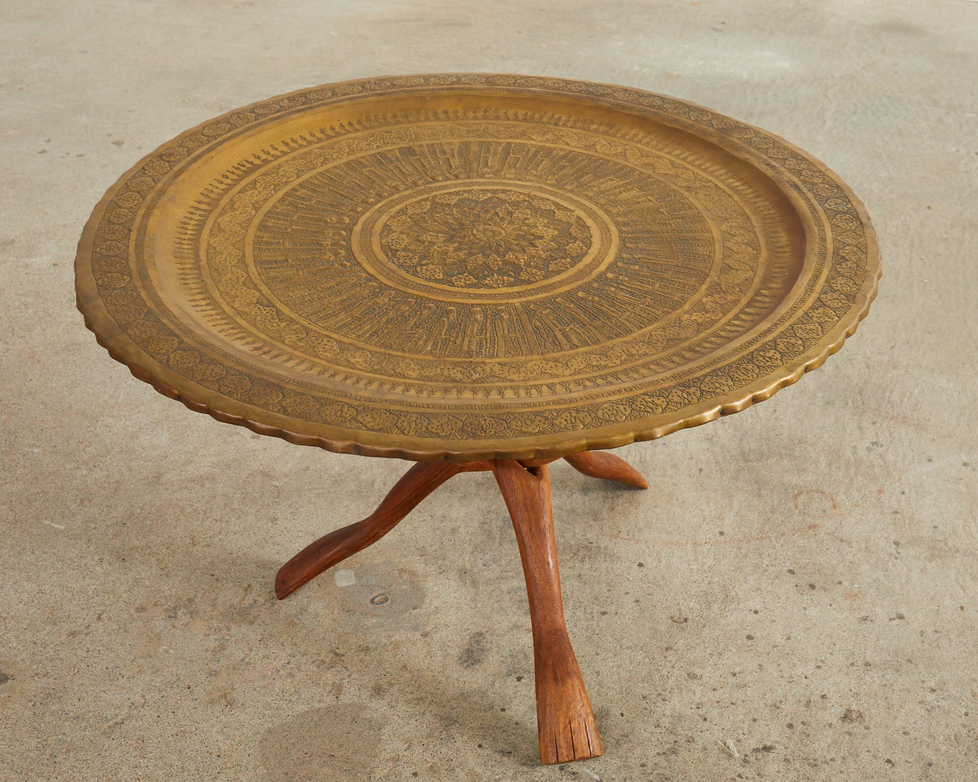 Moorish Brass Tray Table with Folding Hardwood Base For Sale 6