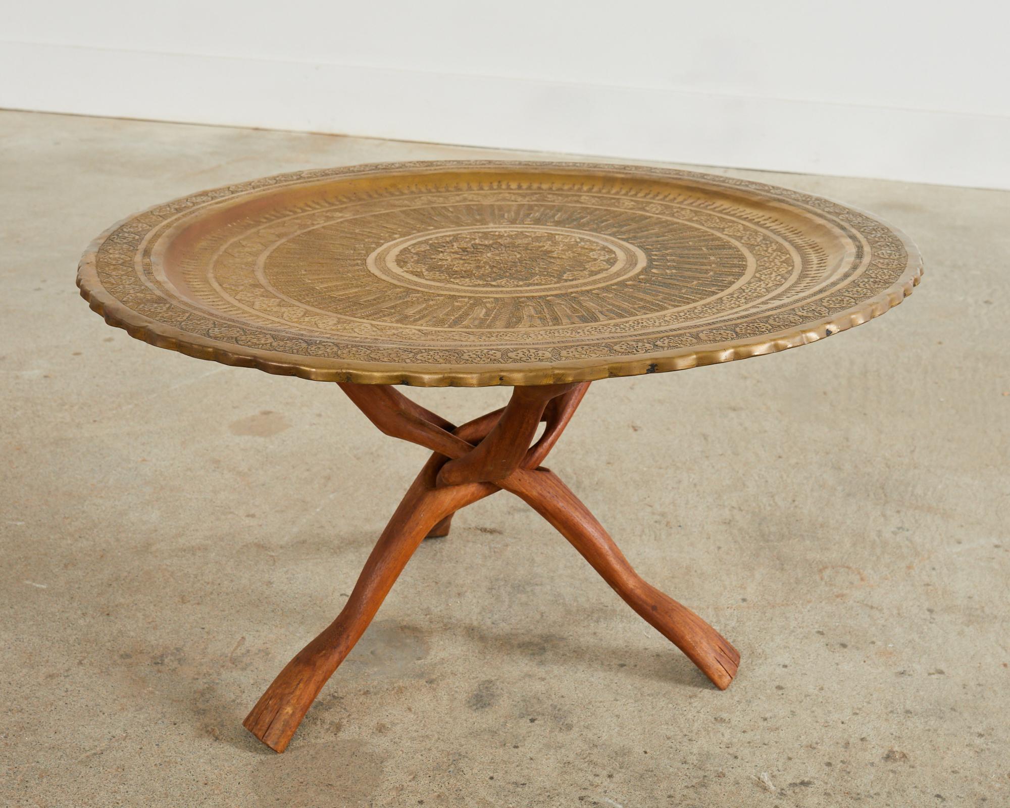 Moorish Brass Tray Table with Folding Hardwood Base For Sale 12