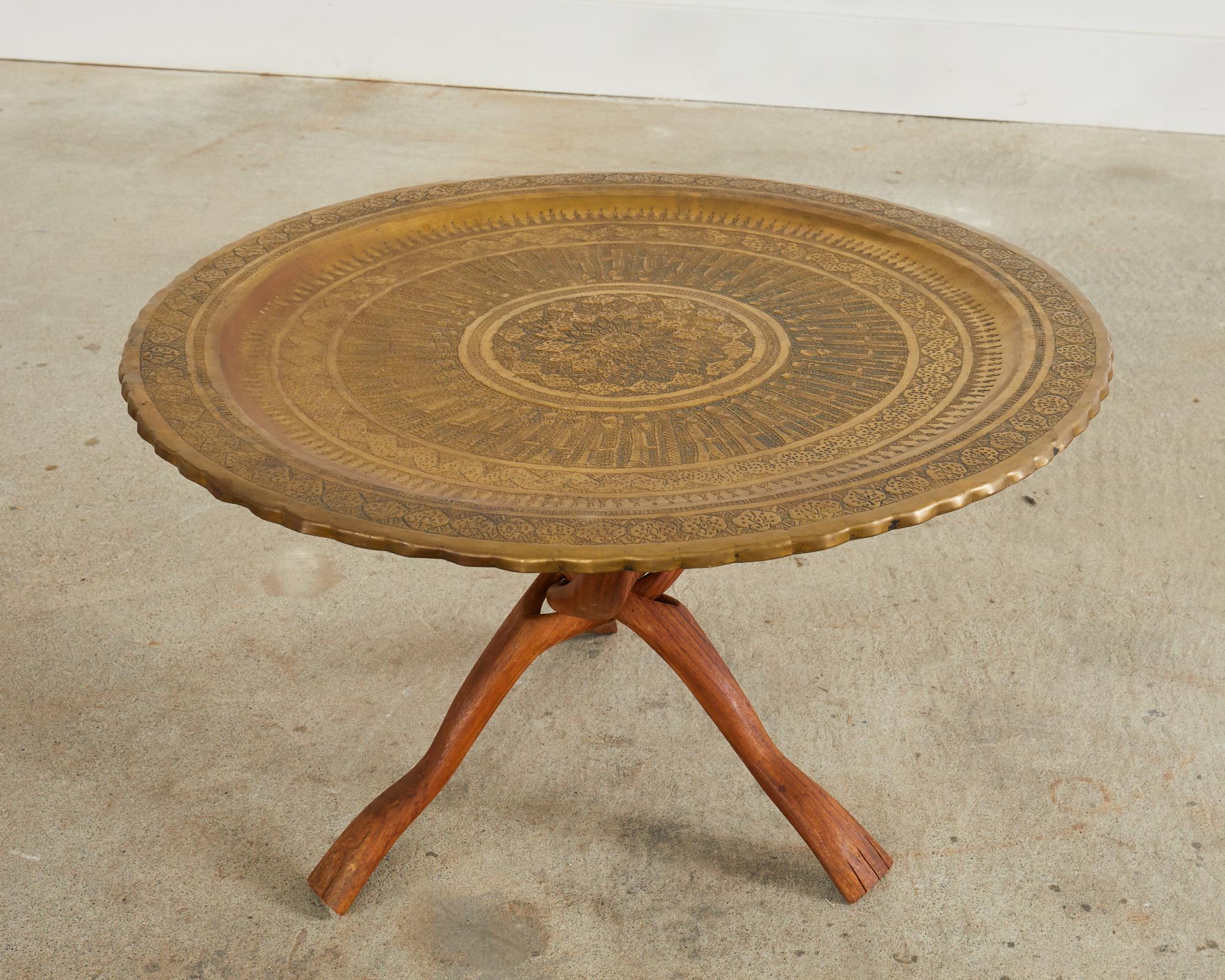 20th Century Moorish Brass Tray Table with Folding Hardwood Base For Sale