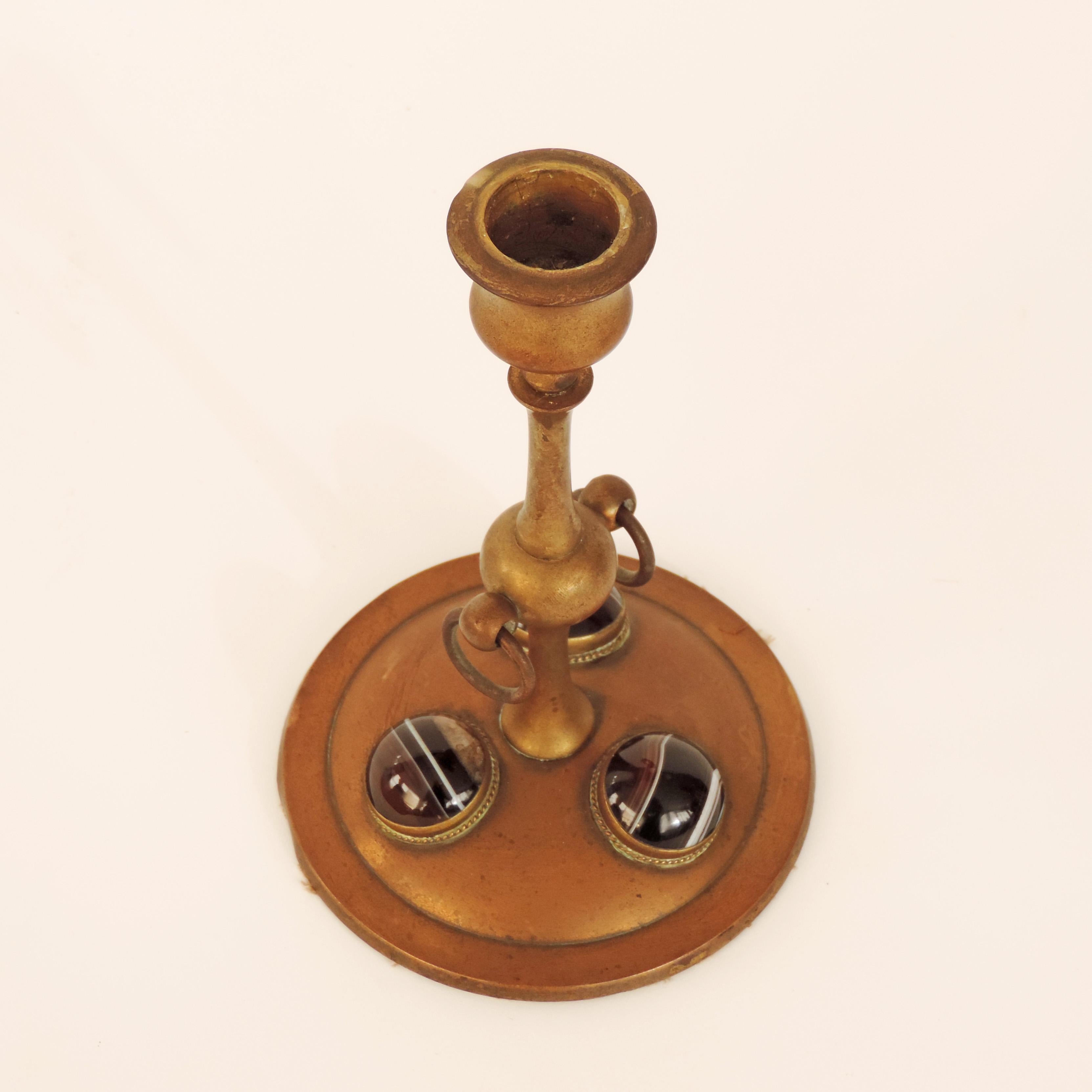 Moorish Candlestick in Brass and Hardstones Attributed to Tiffany, USA, 1920s In Good Condition For Sale In Milan, IT