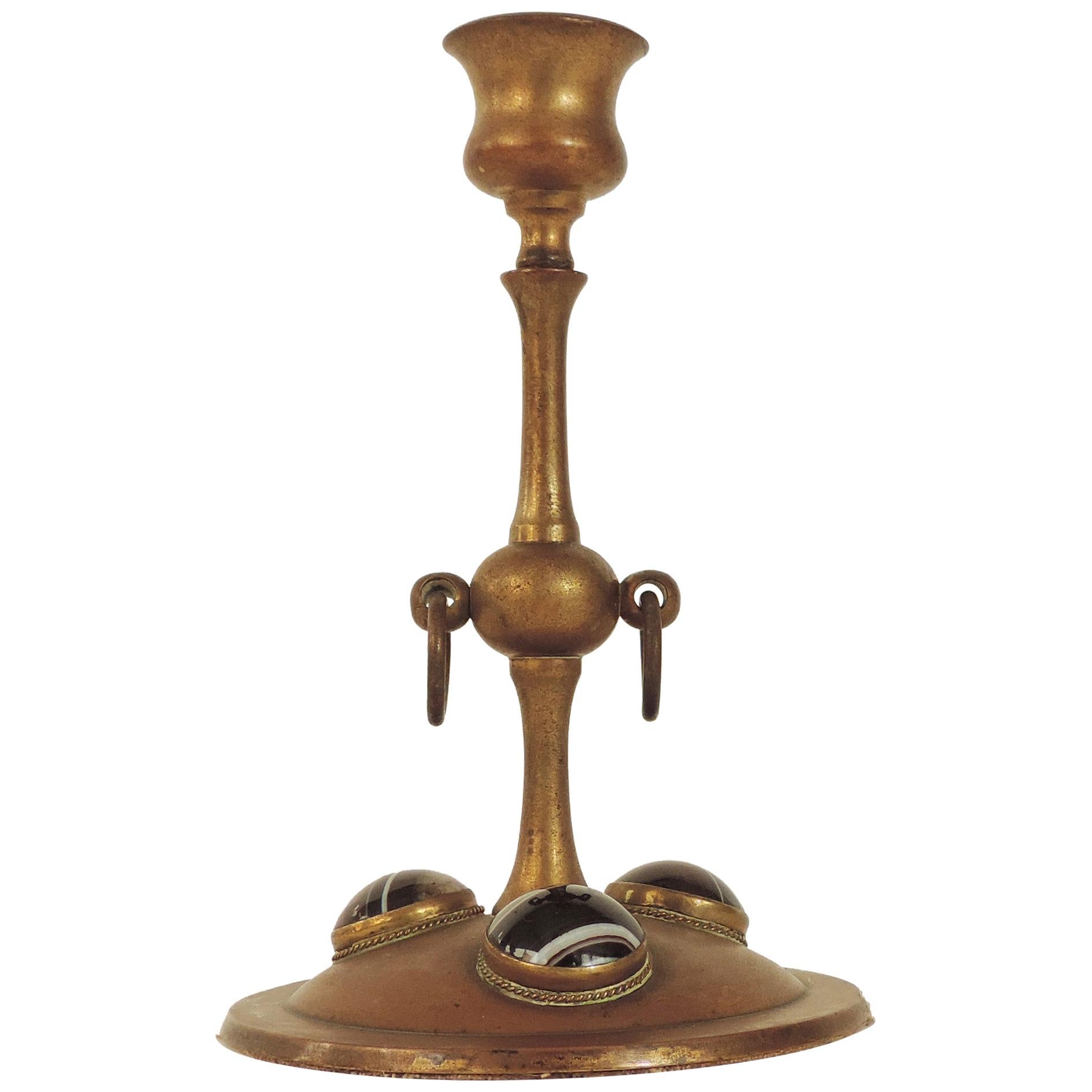 Moorish Candlestick in Brass and Hardstones Attributed to Tiffany, USA, 1920s