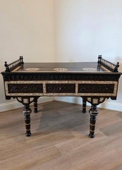 Moorish Carlo Bugatti Style Mother of Pearl Inlaid Ebonized Carved Wood Table