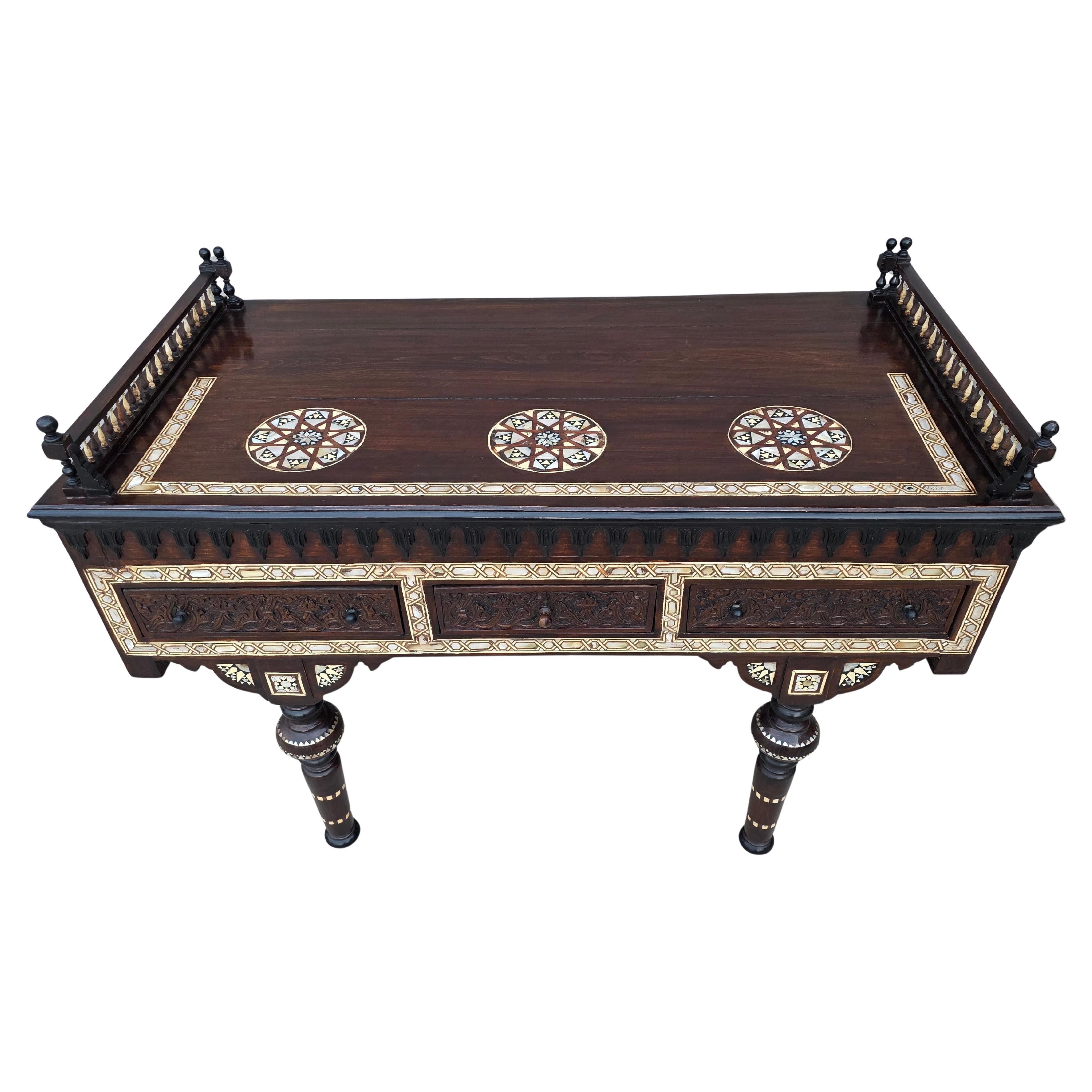 Moorish Carlo Bugatti Style Mother of Pearl Inlaid Ebonized Carved Wood Table