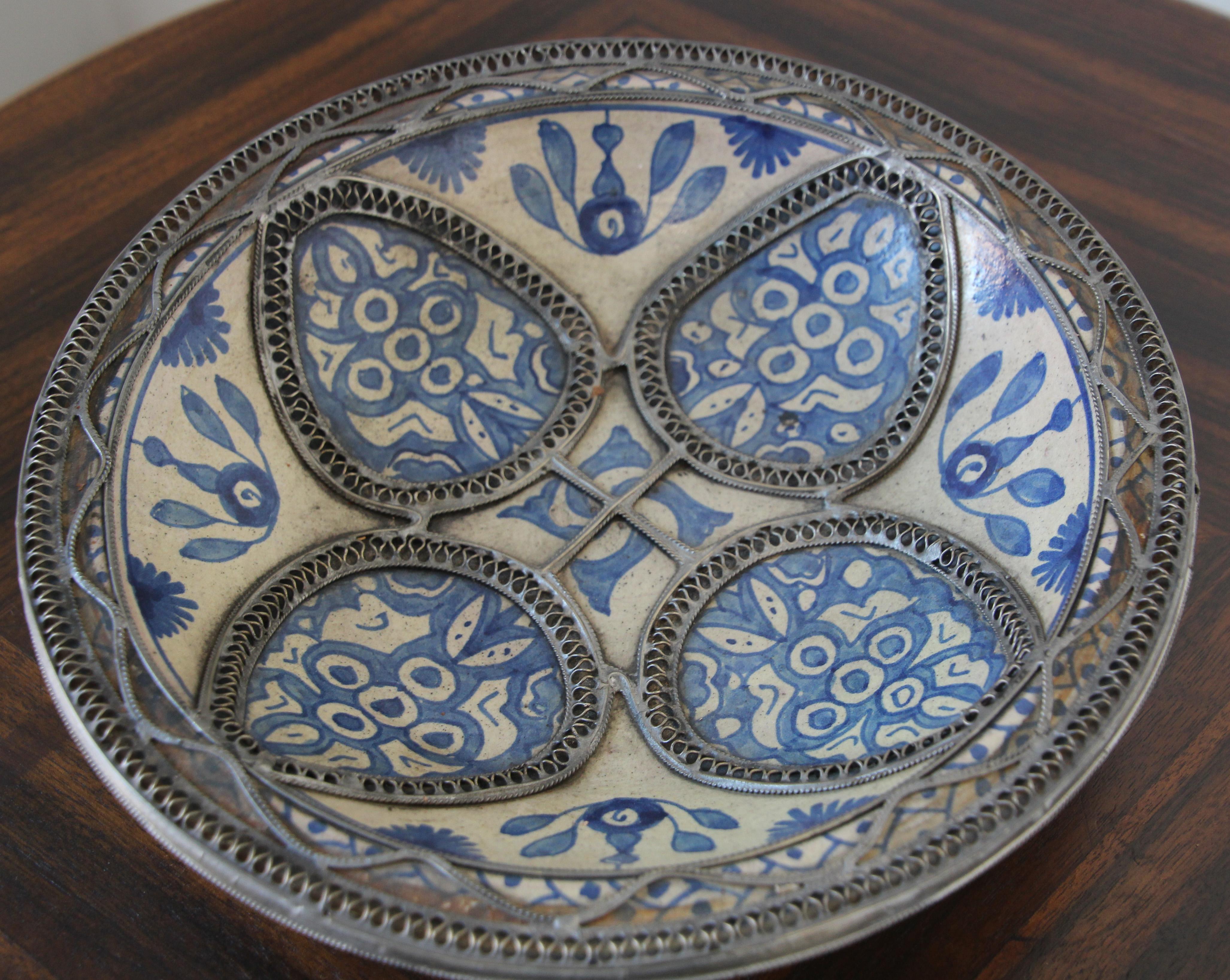 Moorish Moroccan Ceramic Blue Bowl Adorned with Silver Filigree from Fez Antique 1920s For Sale