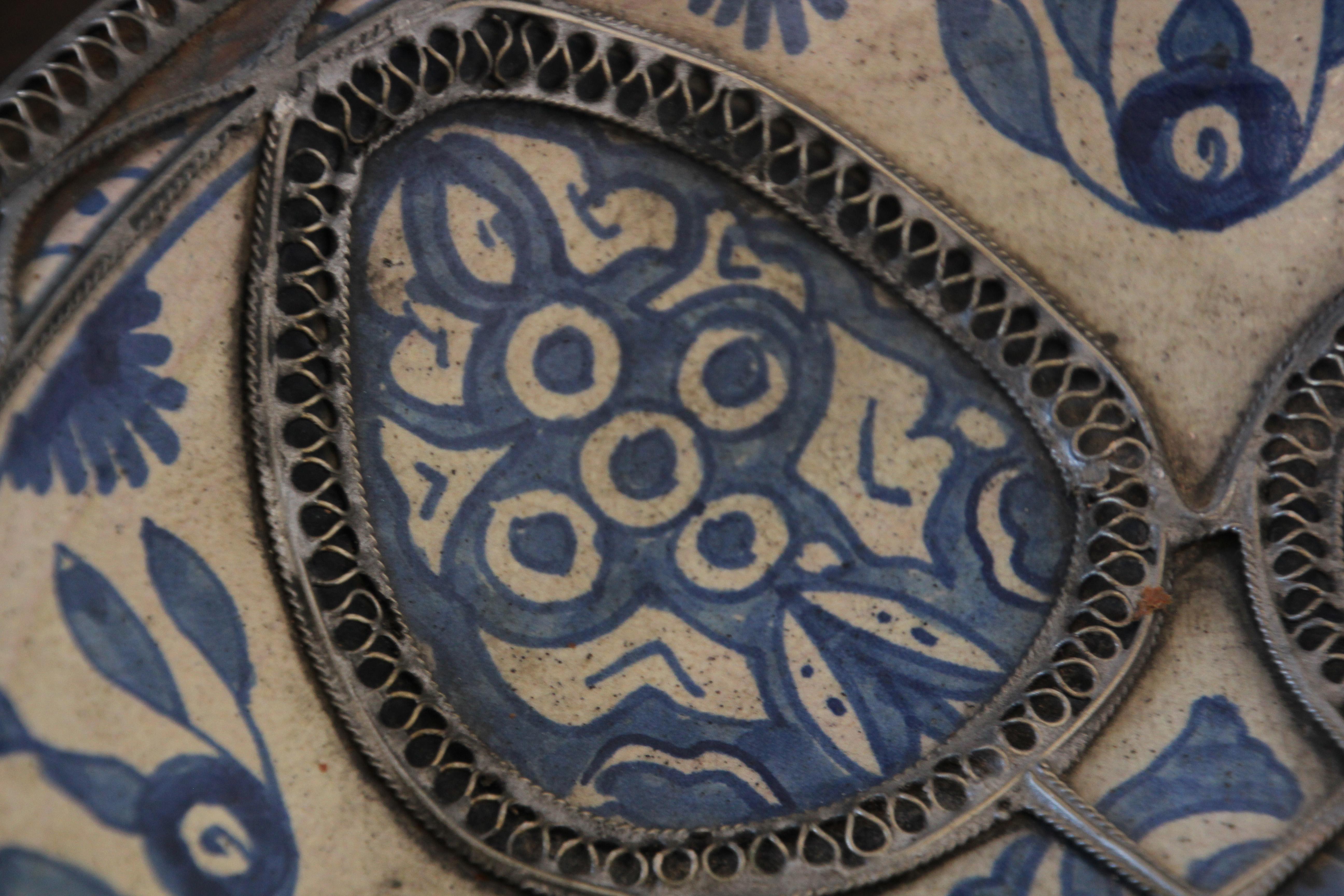 Moroccan Ceramic Blue Bowl Adorned with Silver Filigree from Fez Antique 1920s For Sale 1