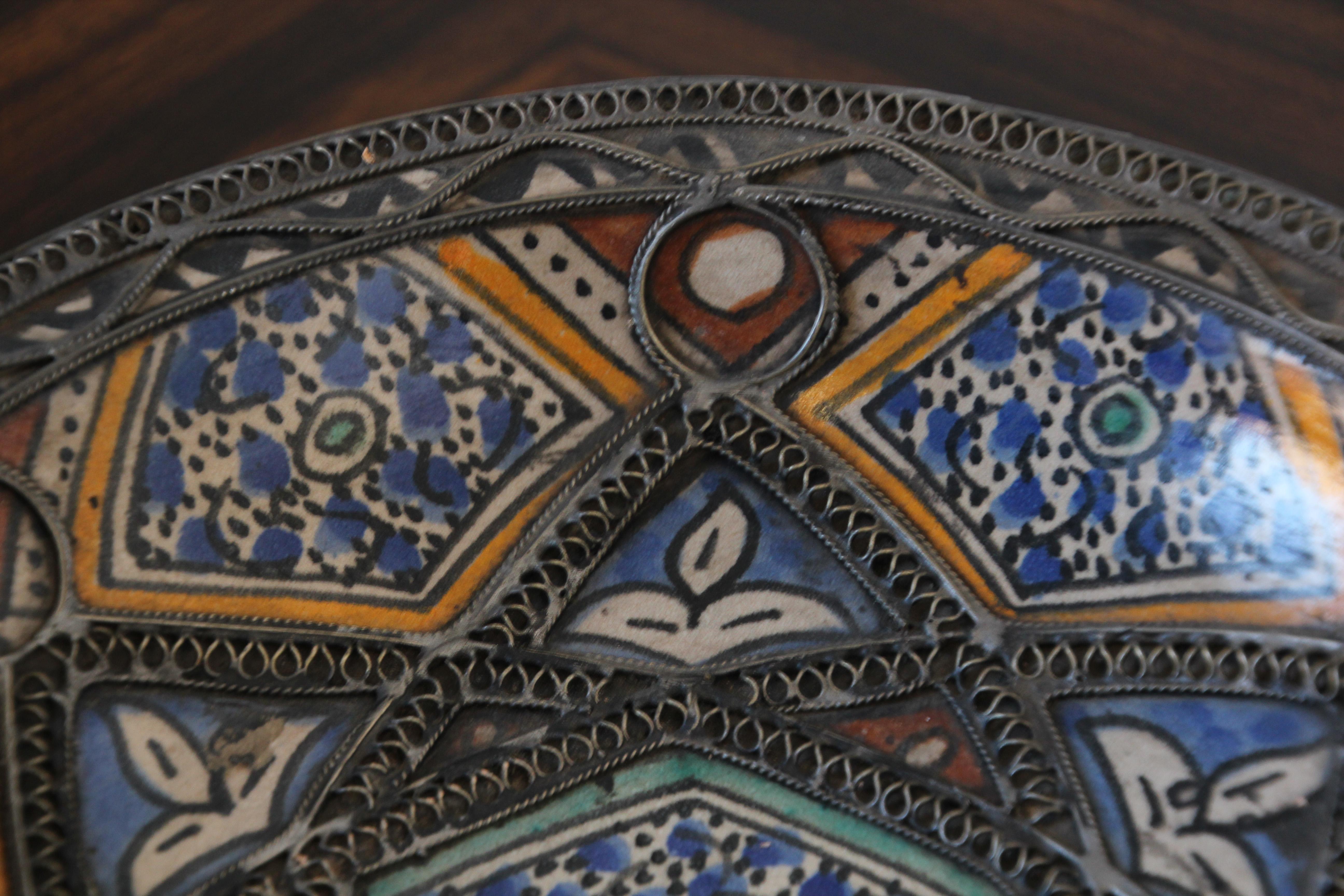 Moroccan Ceramic Bowl Adorned with Silver Moorish Filigree from Fez 5