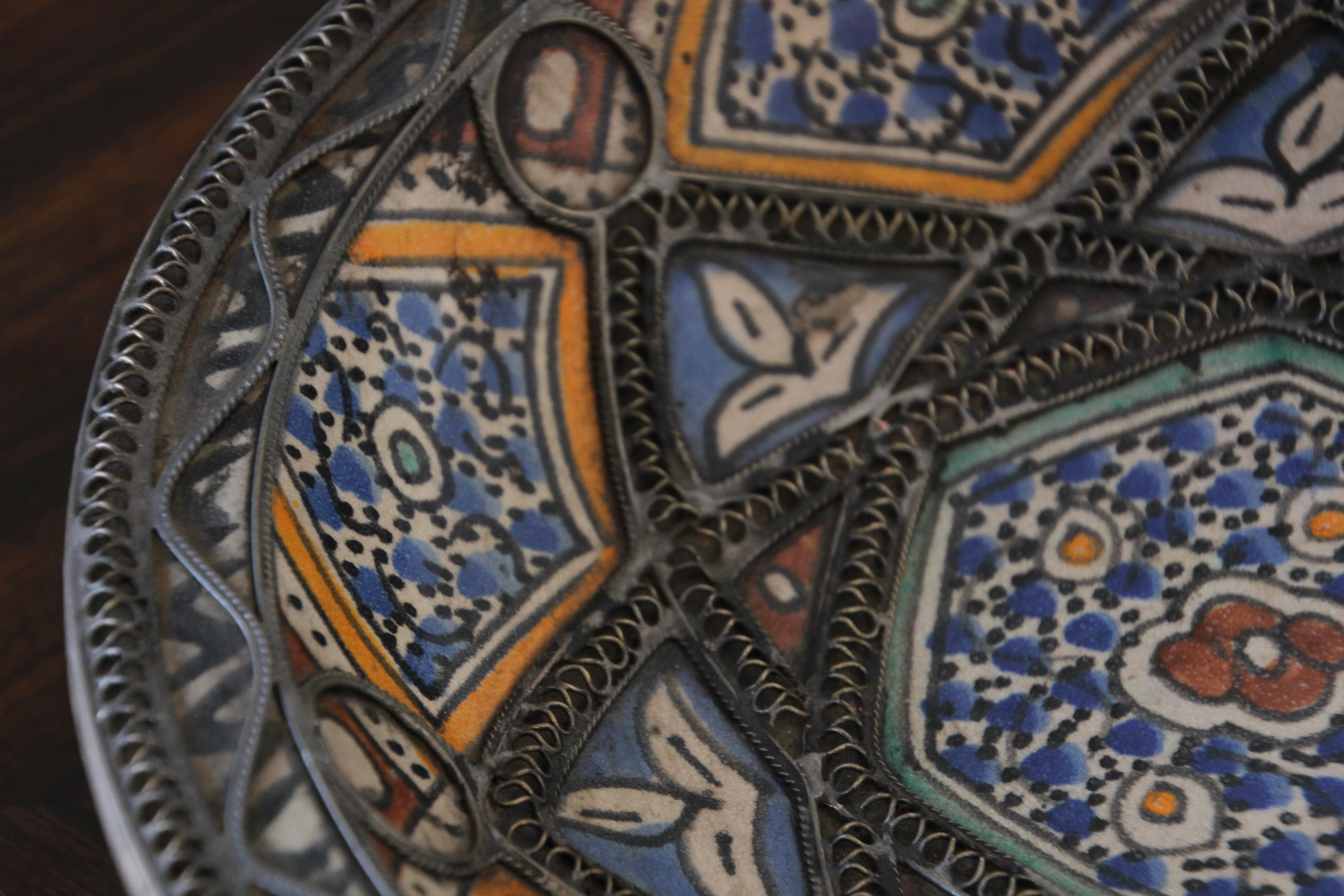 Moroccan Ceramic Bowl Adorned with Silver Moorish Filigree from Fez 6