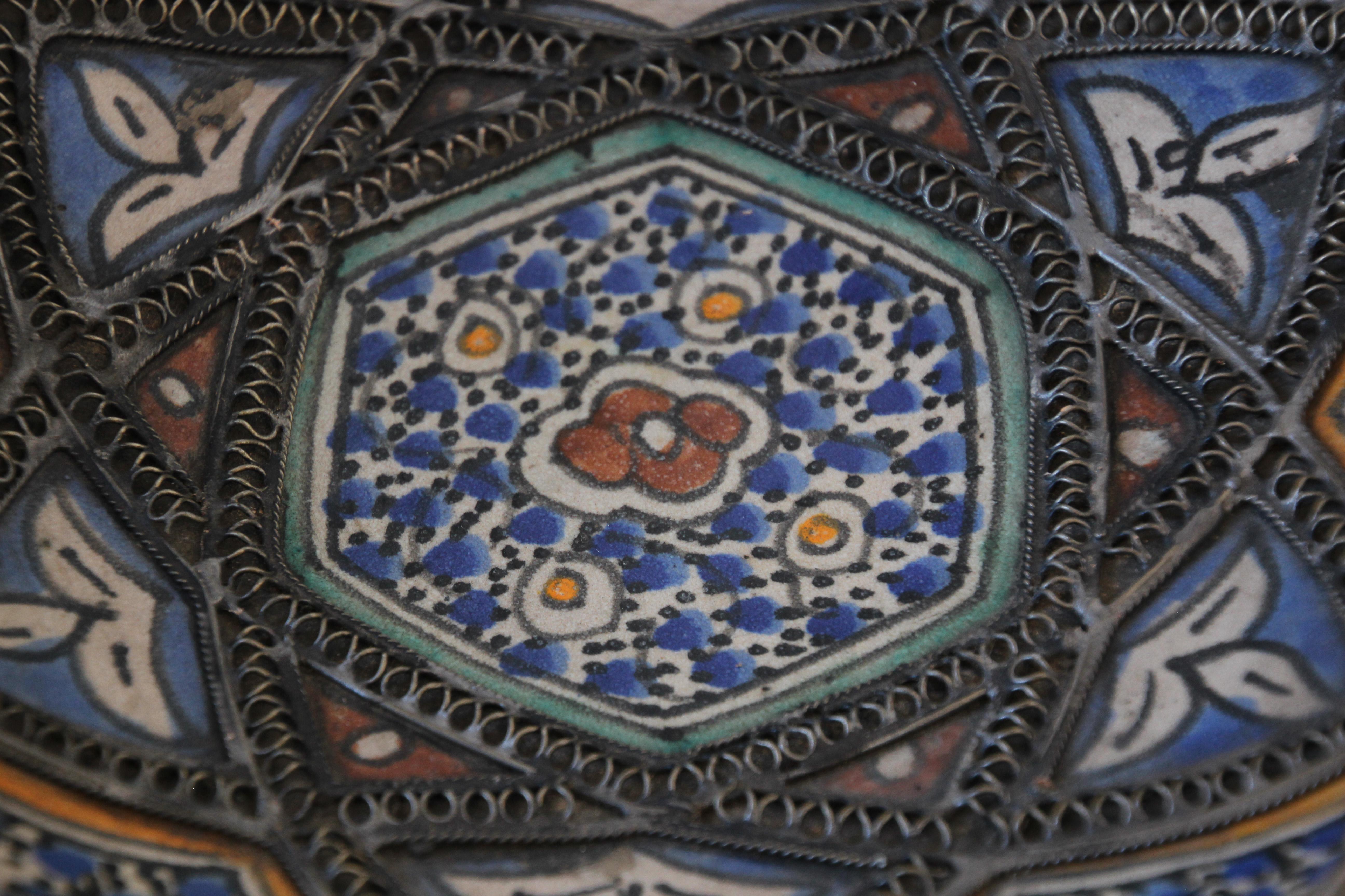Moroccan Ceramic Bowl Adorned with Silver Moorish Filigree from Fez 7