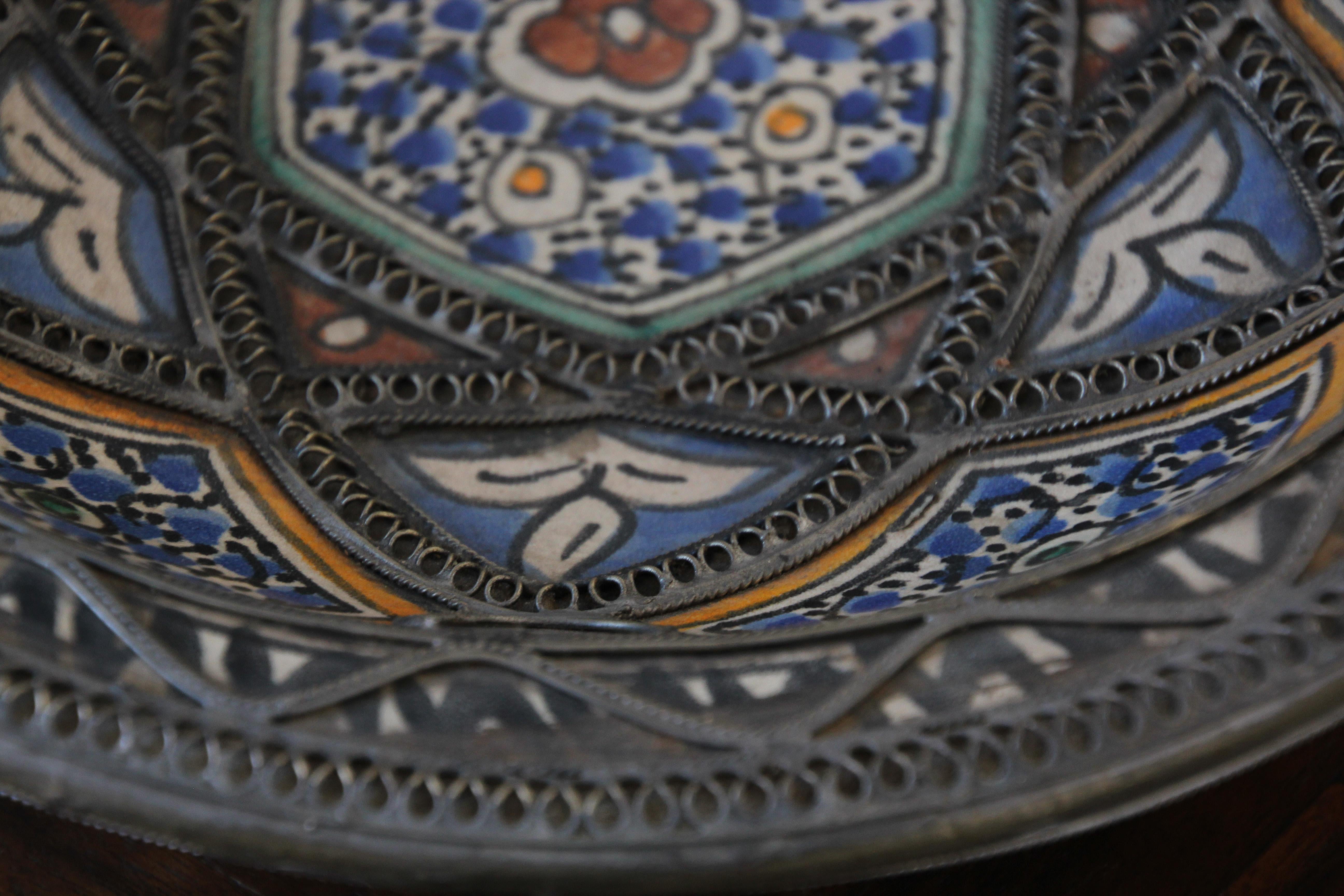 Moroccan Ceramic Bowl Adorned with Silver Moorish Filigree from Fez 8