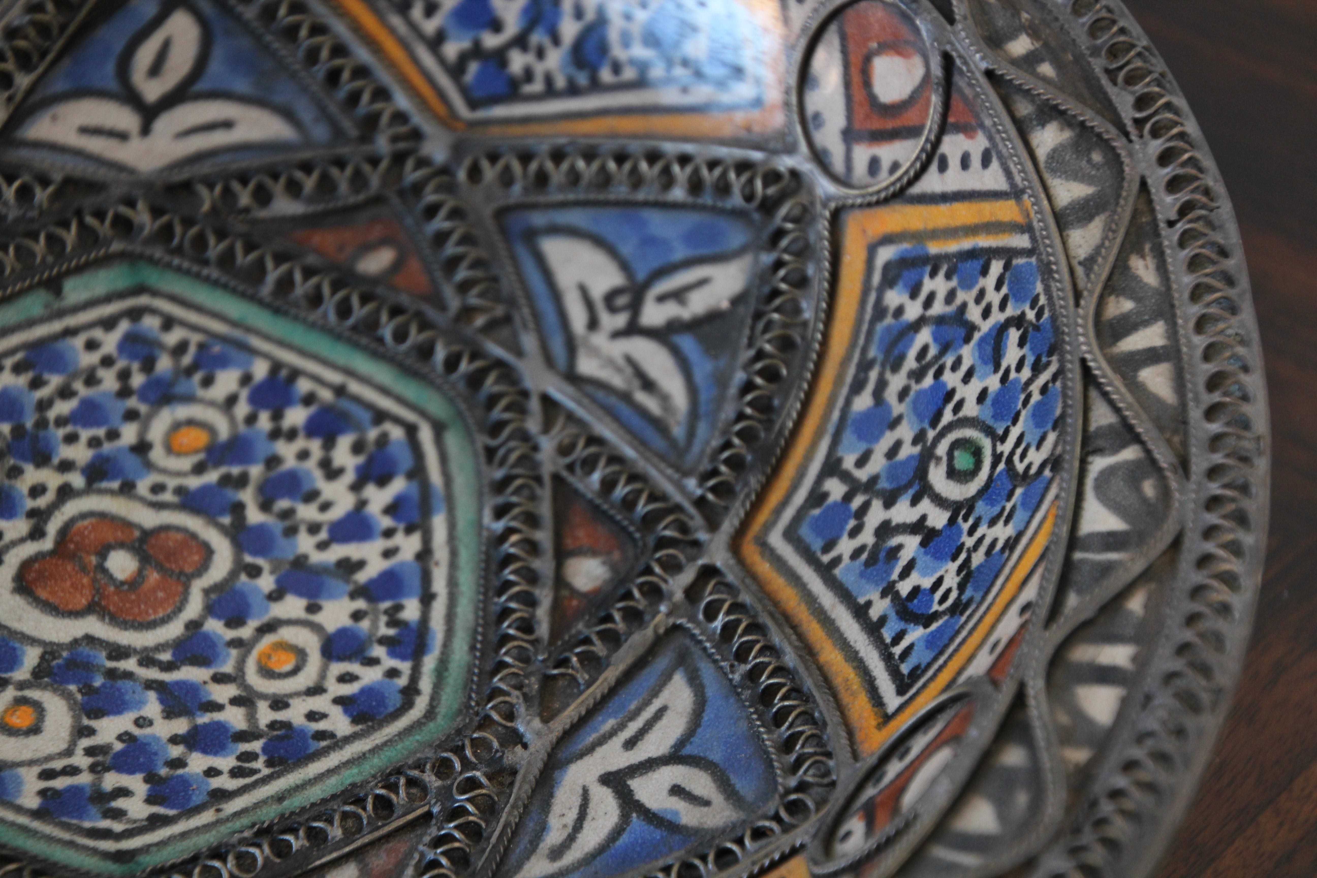 Moroccan Ceramic Bowl Adorned with Silver Moorish Filigree from Fez 9