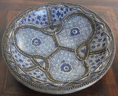 Moroccan Moorish Ceramic Bowl Adorned with Silver Filigree from Fez