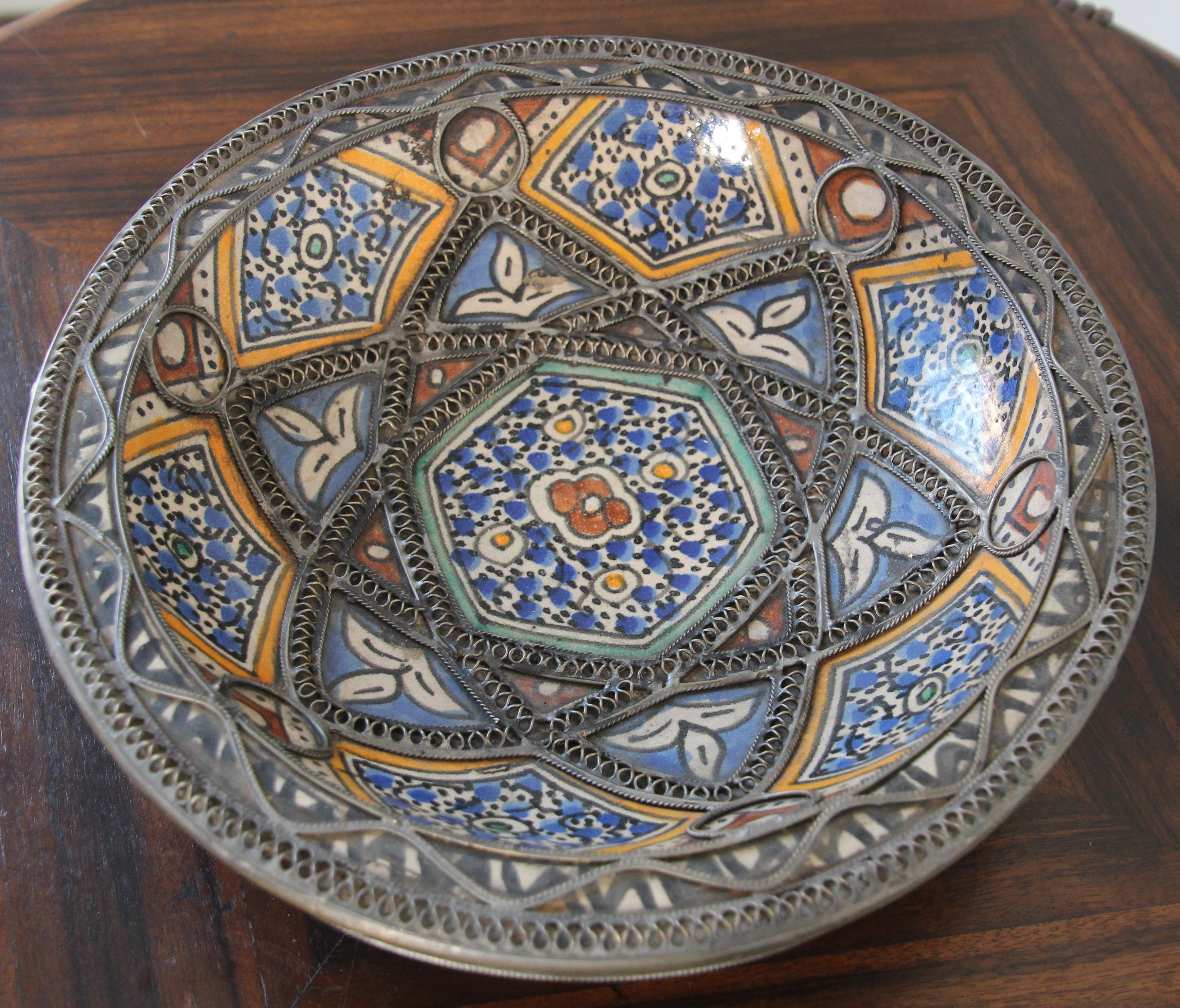 Moroccan Ceramic Bowl Adorned with Silver Moorish Filigree from Fez 3