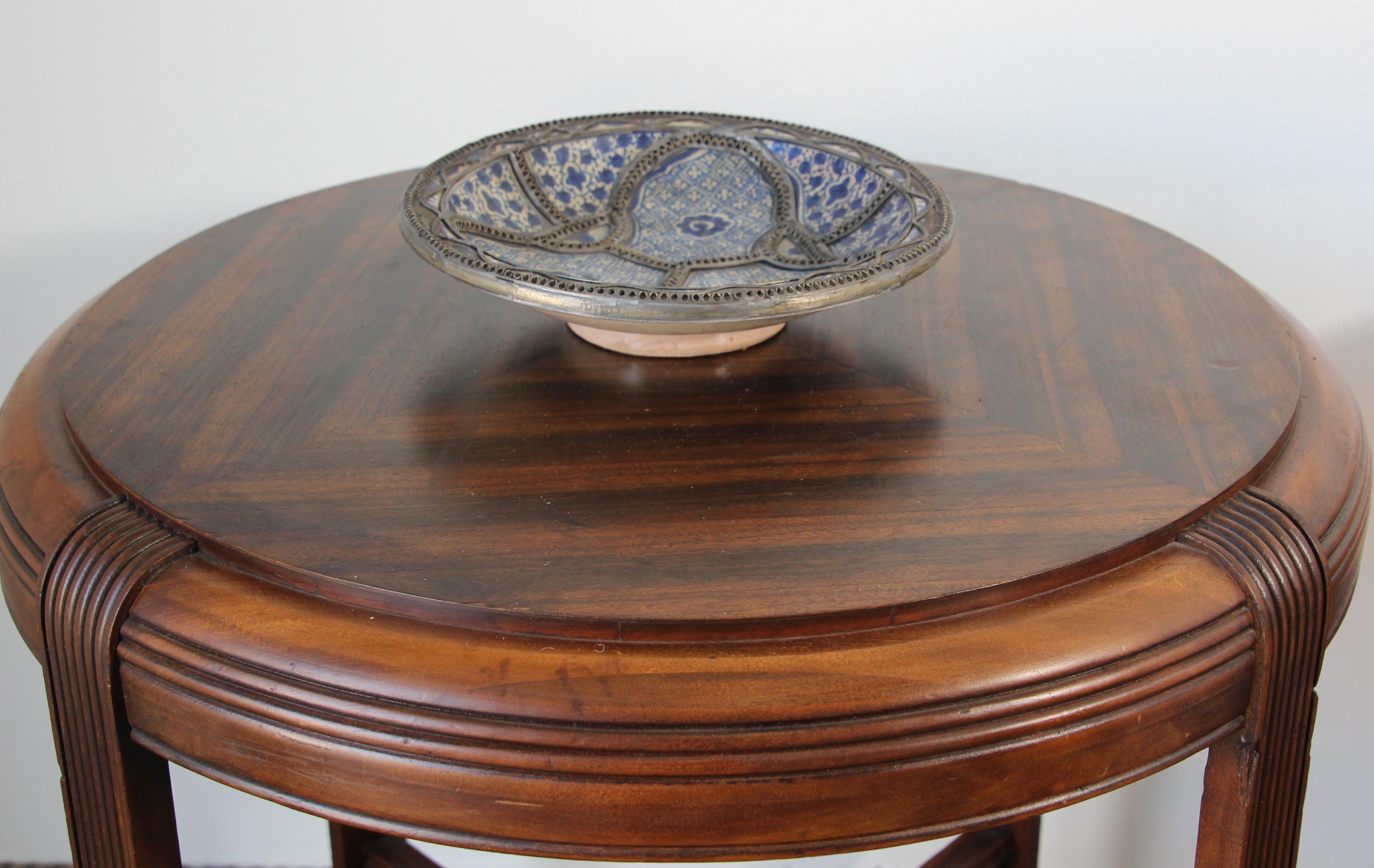 20th Century Moroccan Moorish Ceramic Bowl Adorned with Silver Filigree from Fez For Sale