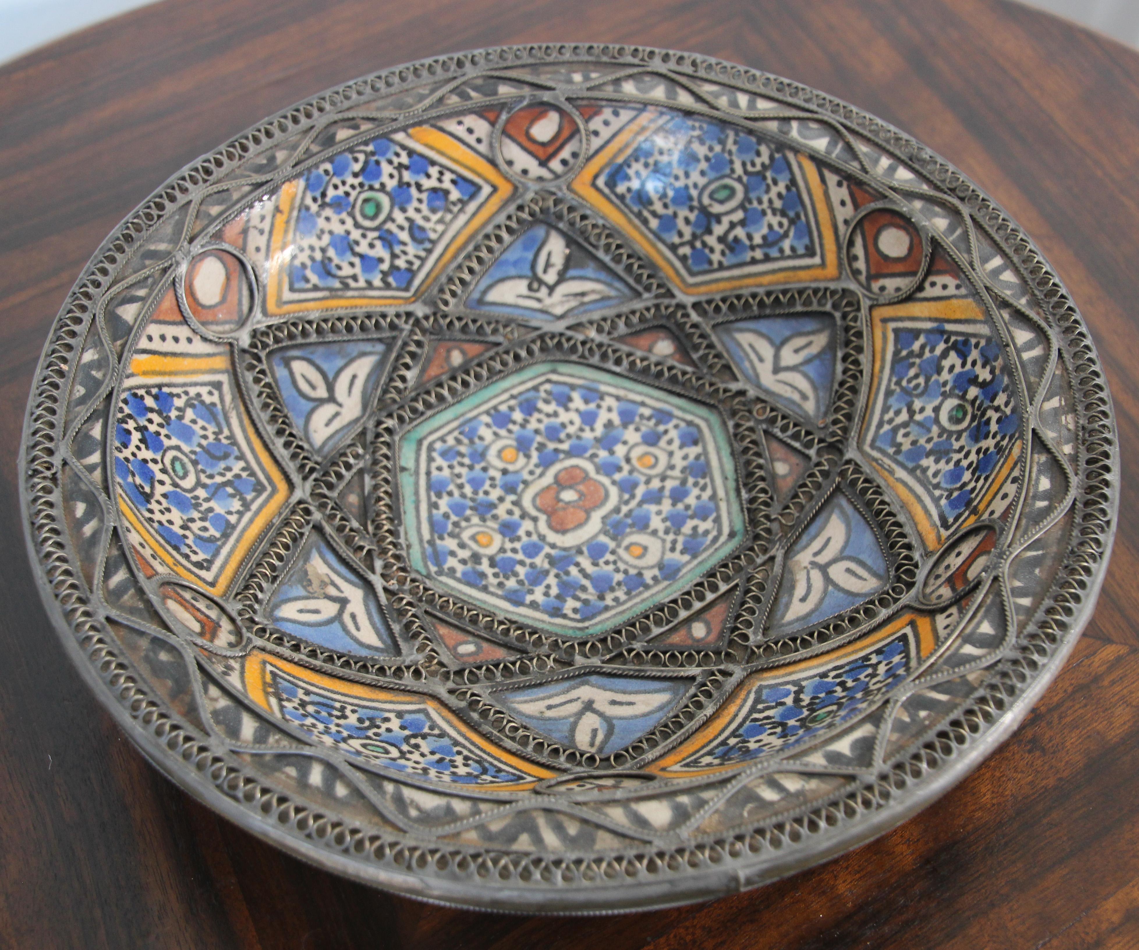 Hand-Crafted Moroccan Ceramic Bowl Adorned with Silver Moorish Filigree from Fez