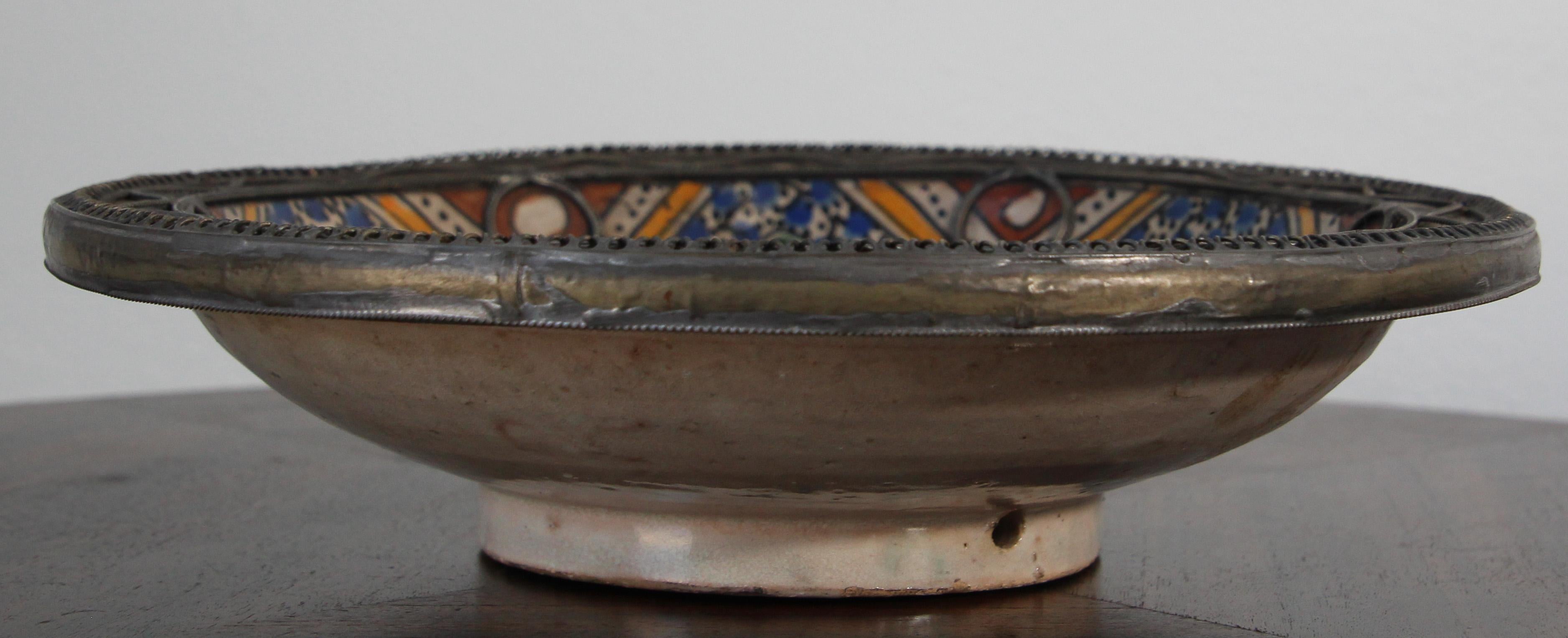 20th Century Moroccan Ceramic Bowl Adorned with Silver Moorish Filigree from Fez