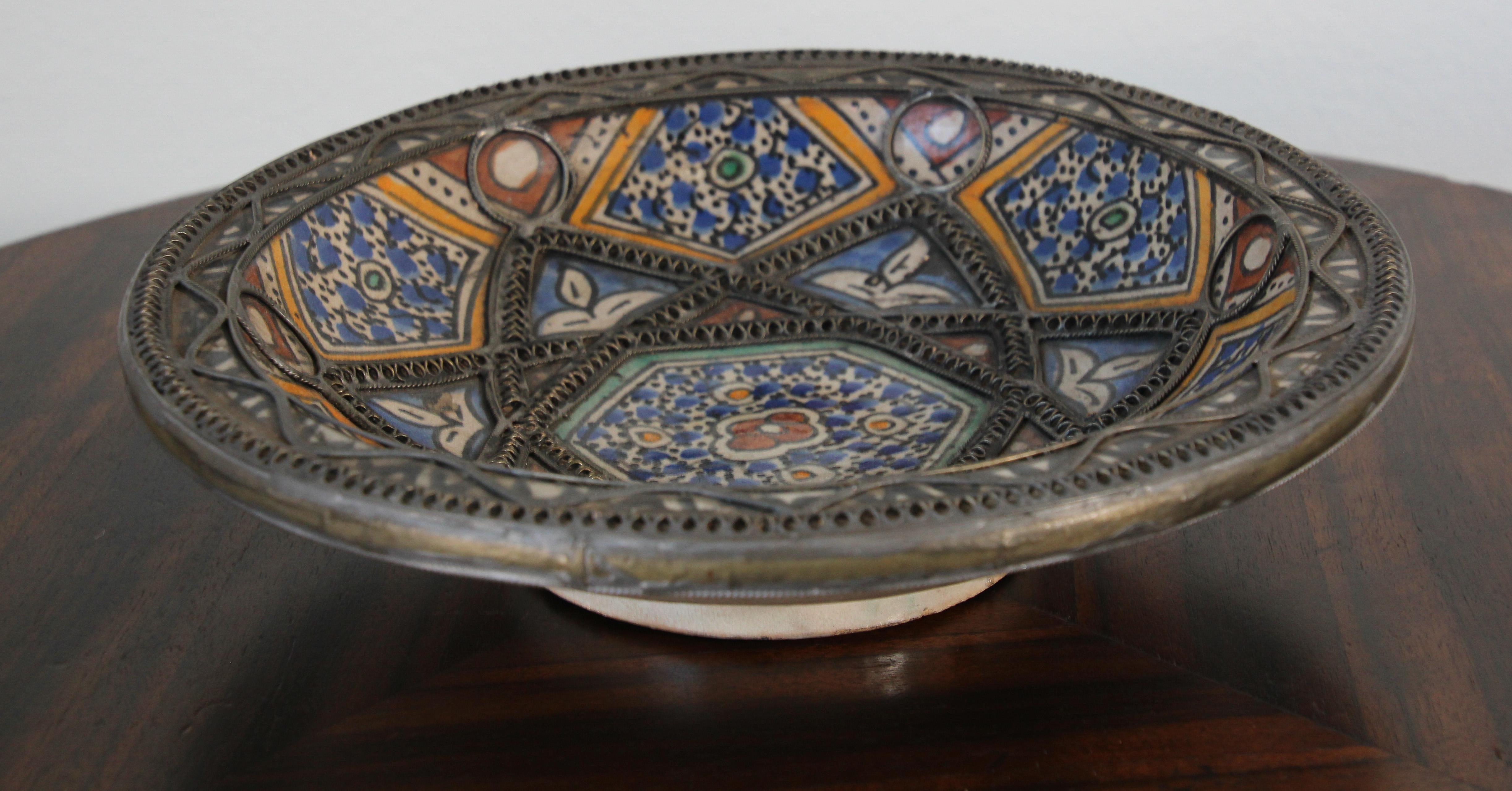Moroccan Ceramic Bowl Adorned with Silver Moorish Filigree from Fez 1