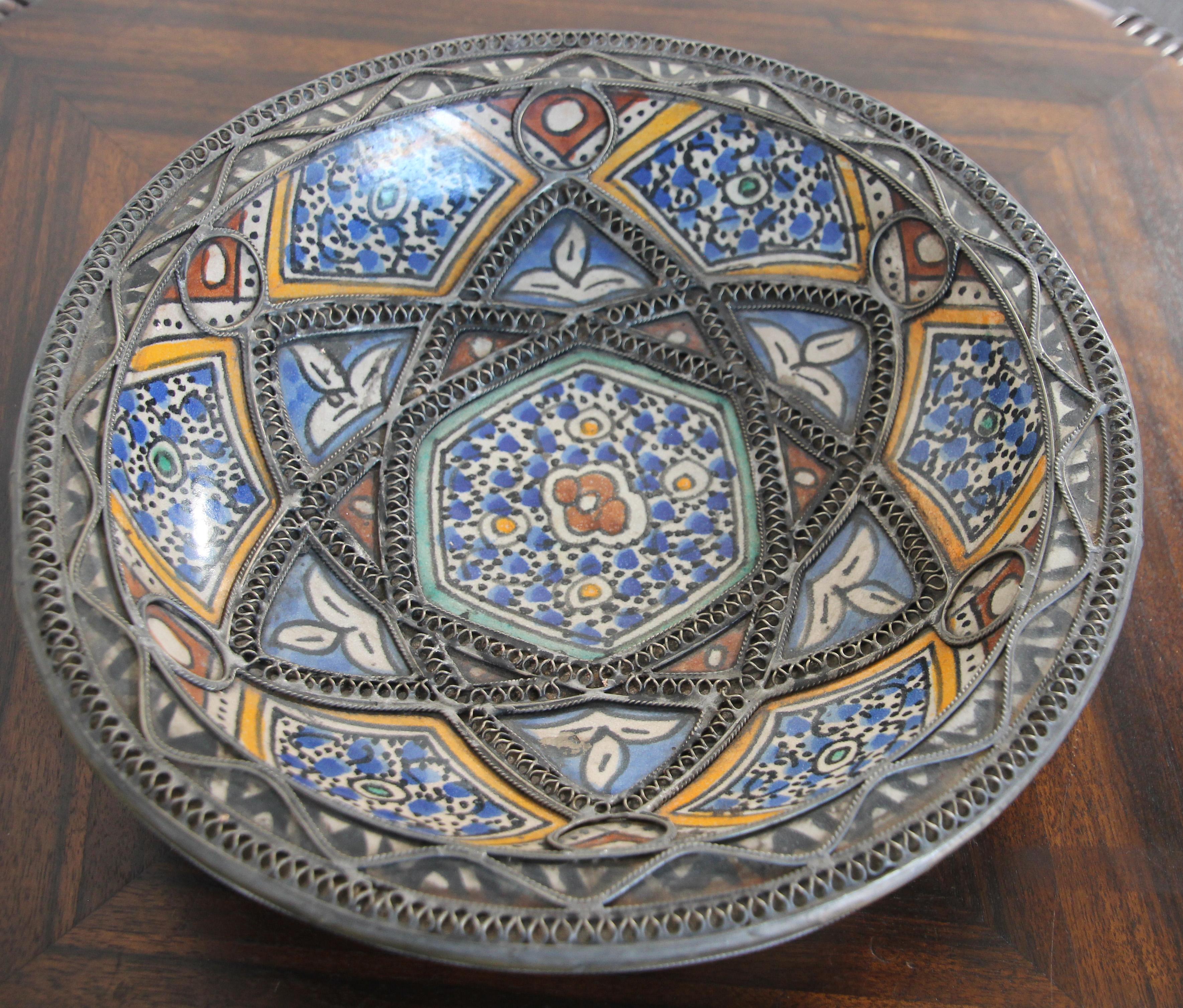 Moroccan Ceramic Bowl Adorned with Silver Moorish Filigree from Fez 2