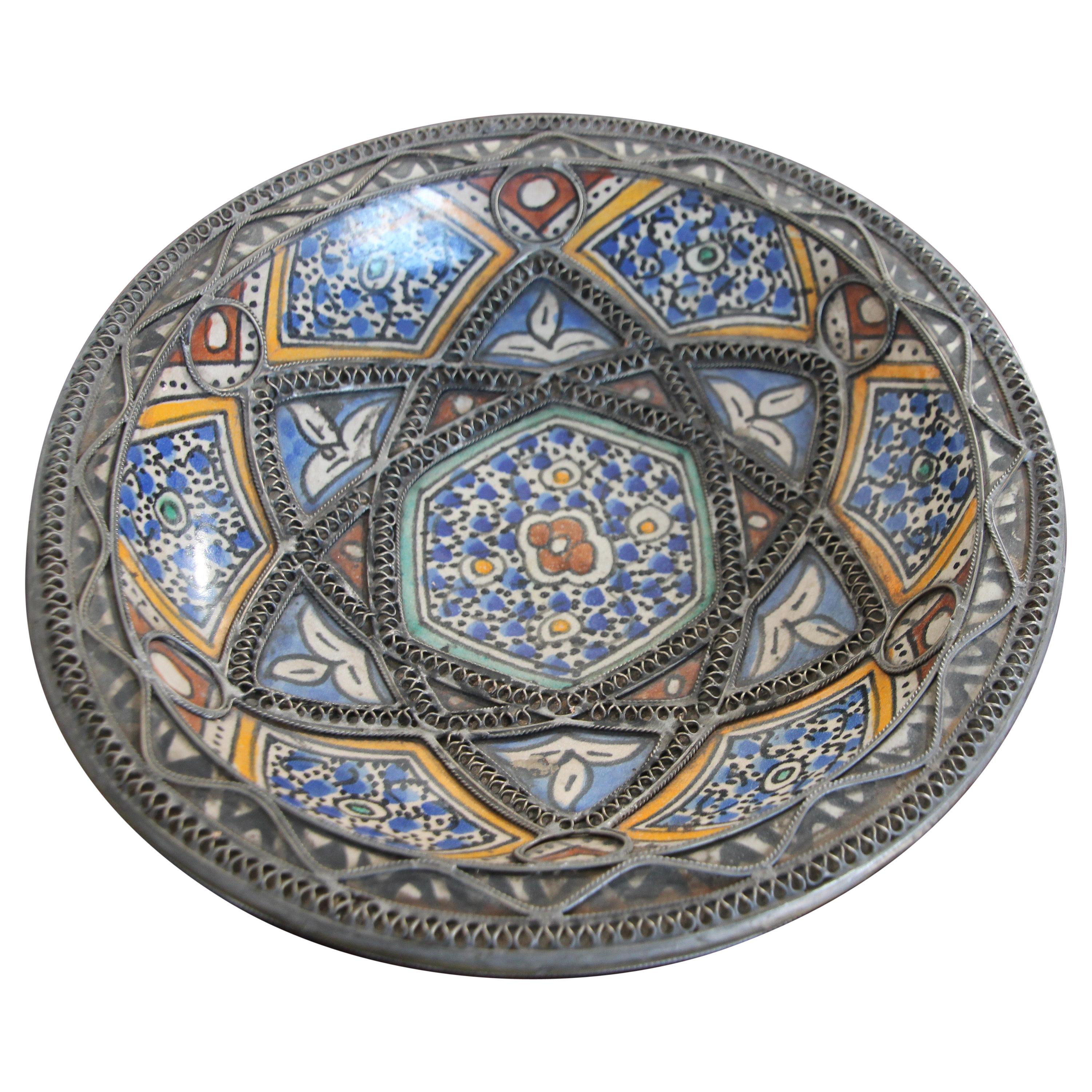 Moroccan Ceramic Bowl Adorned with Silver Moorish Filigree from Fez