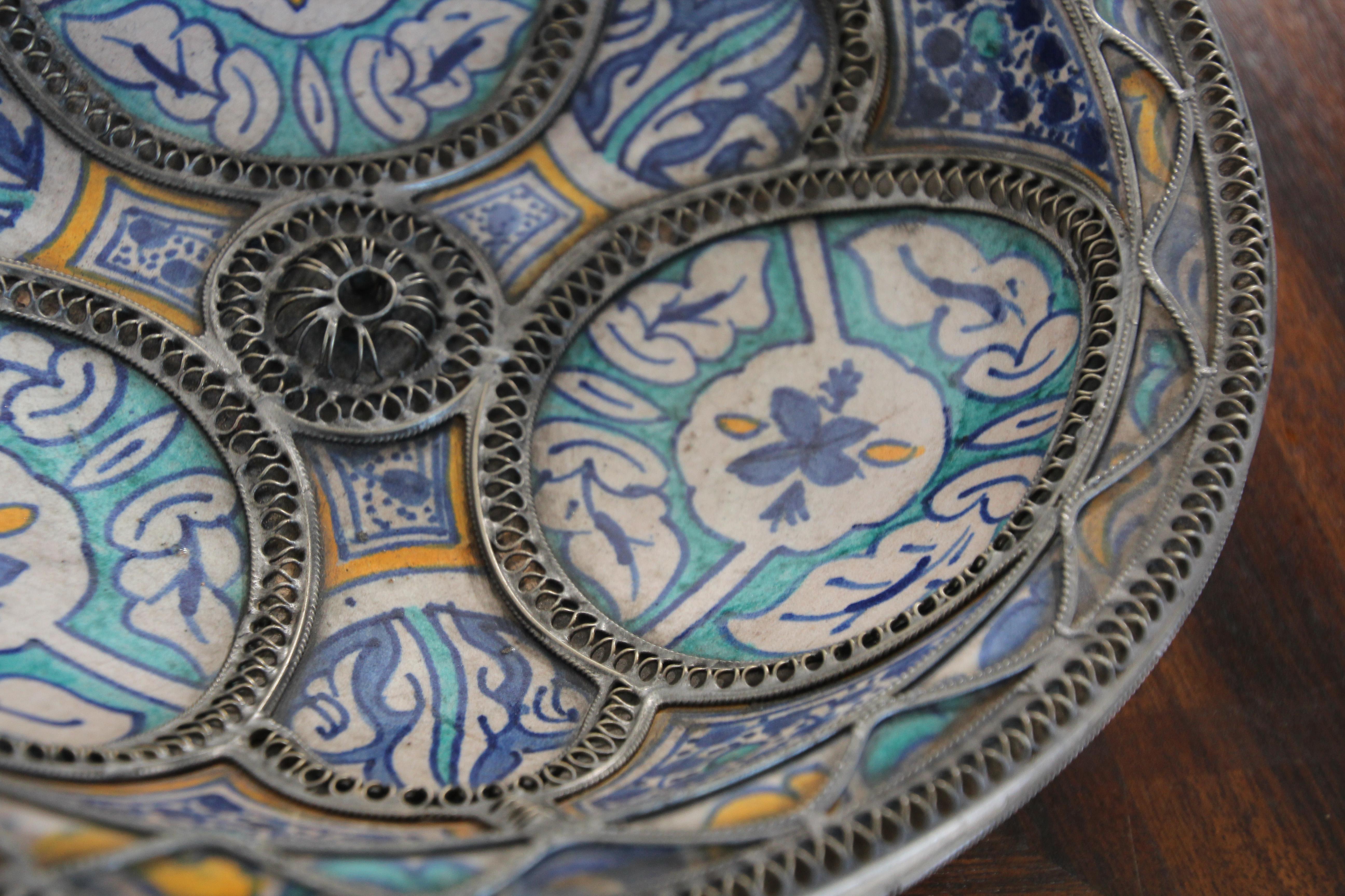 Antique Moorish Ceramic Dish Bowl Adorned with Silver Filigree from Fez 4