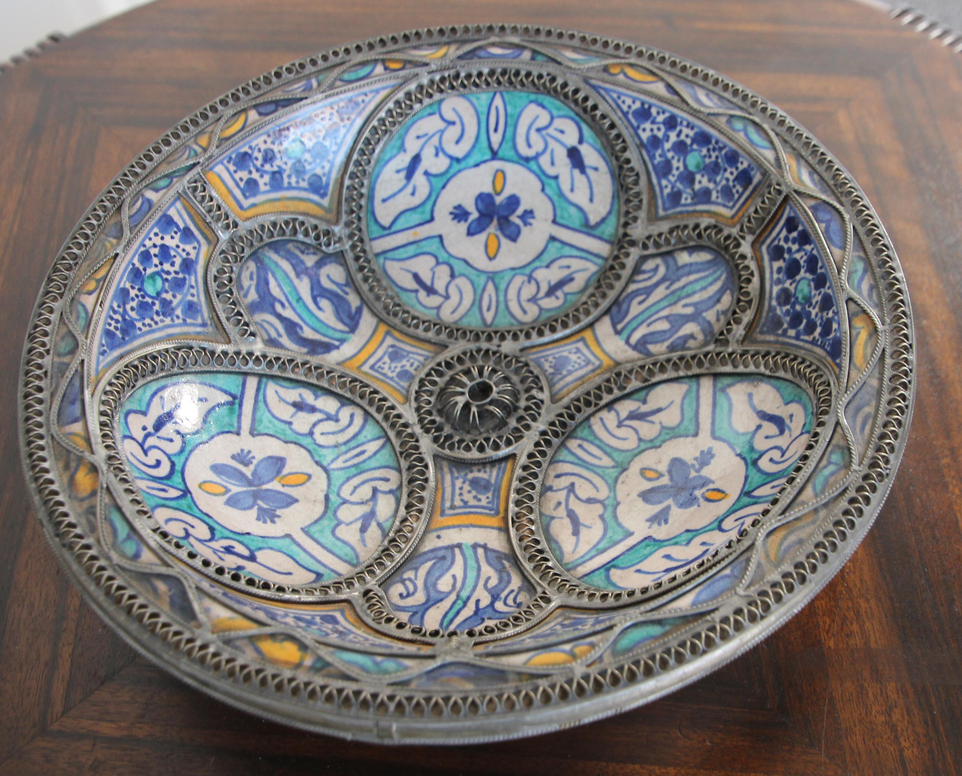 Moroccan Antique Moorish Ceramic Dish Bowl Adorned with Silver Filigree from Fez