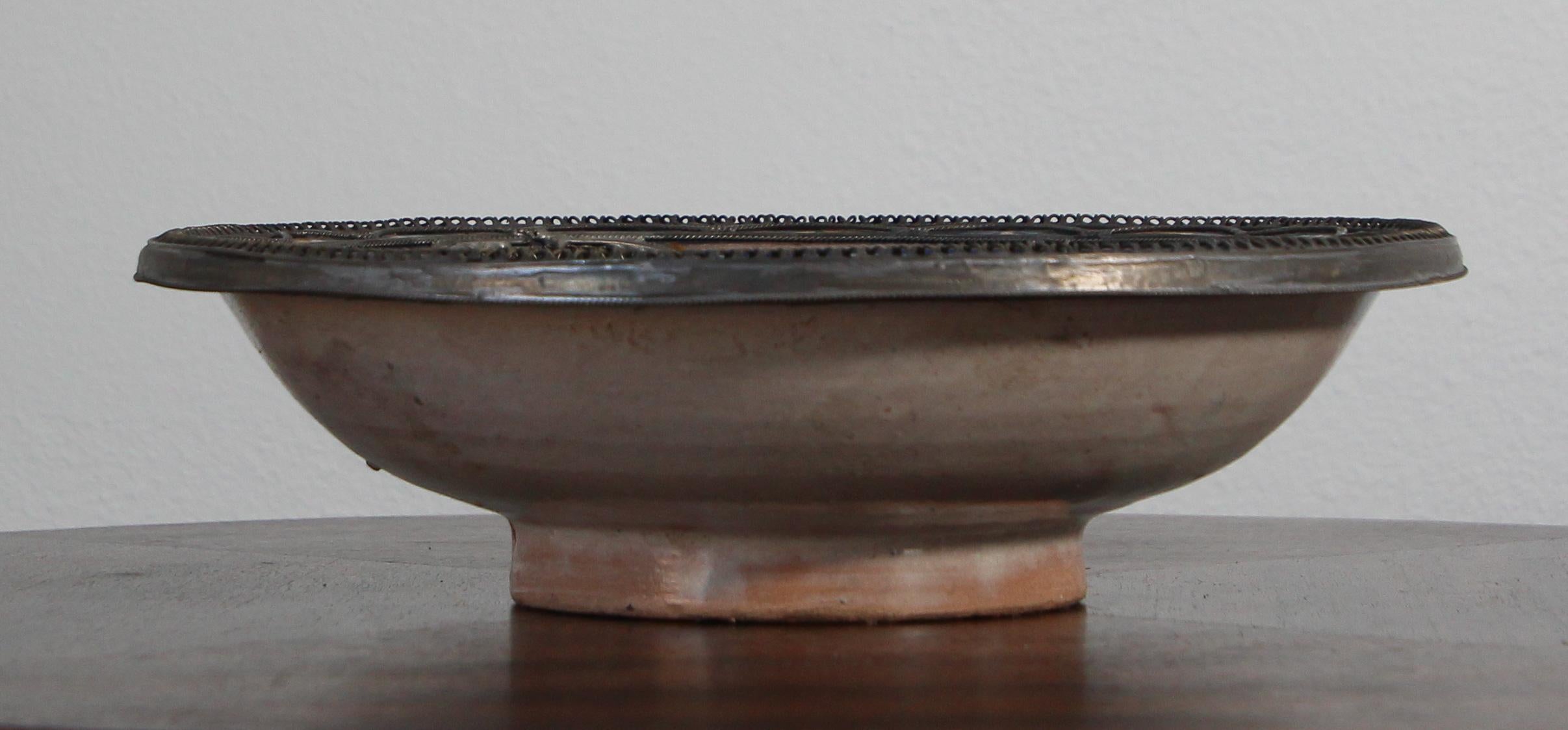 20th Century Antique Moorish Ceramic Dish Bowl Adorned with Silver Filigree from Fez