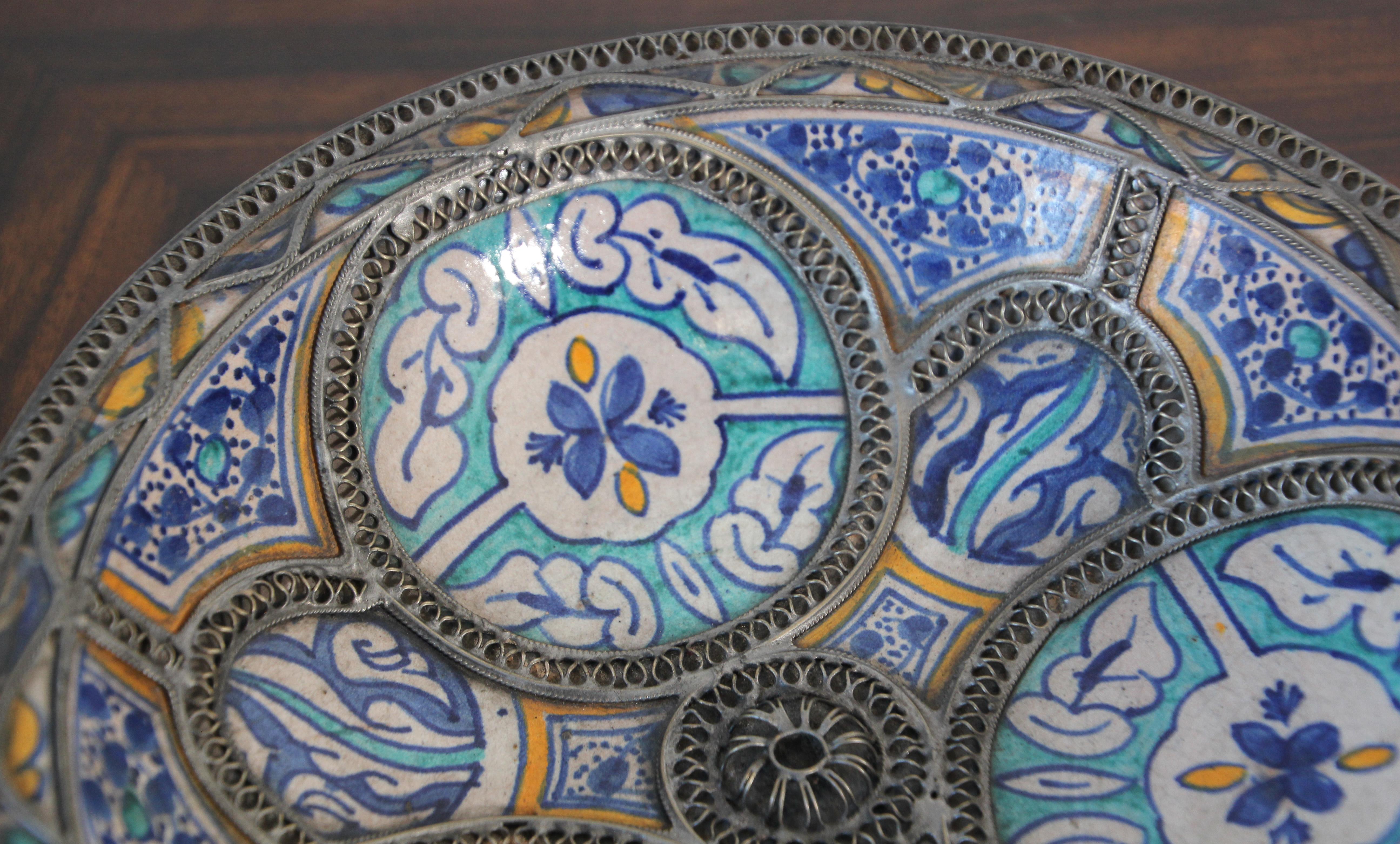 Antique Moorish Ceramic Dish Bowl Adorned with Silver Filigree from Fez 1