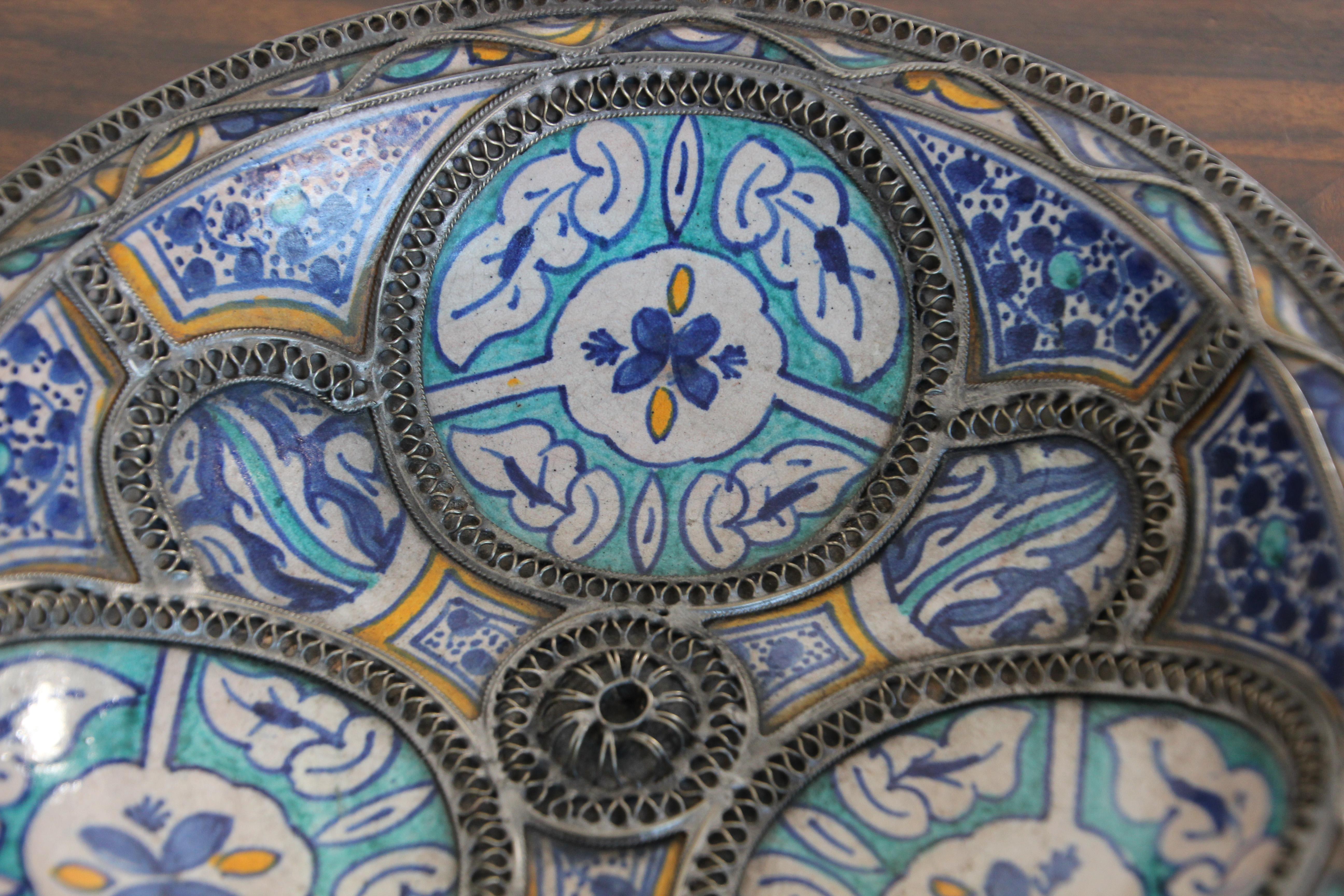Antique Moorish Ceramic Dish Bowl Adorned with Silver Filigree from Fez 2