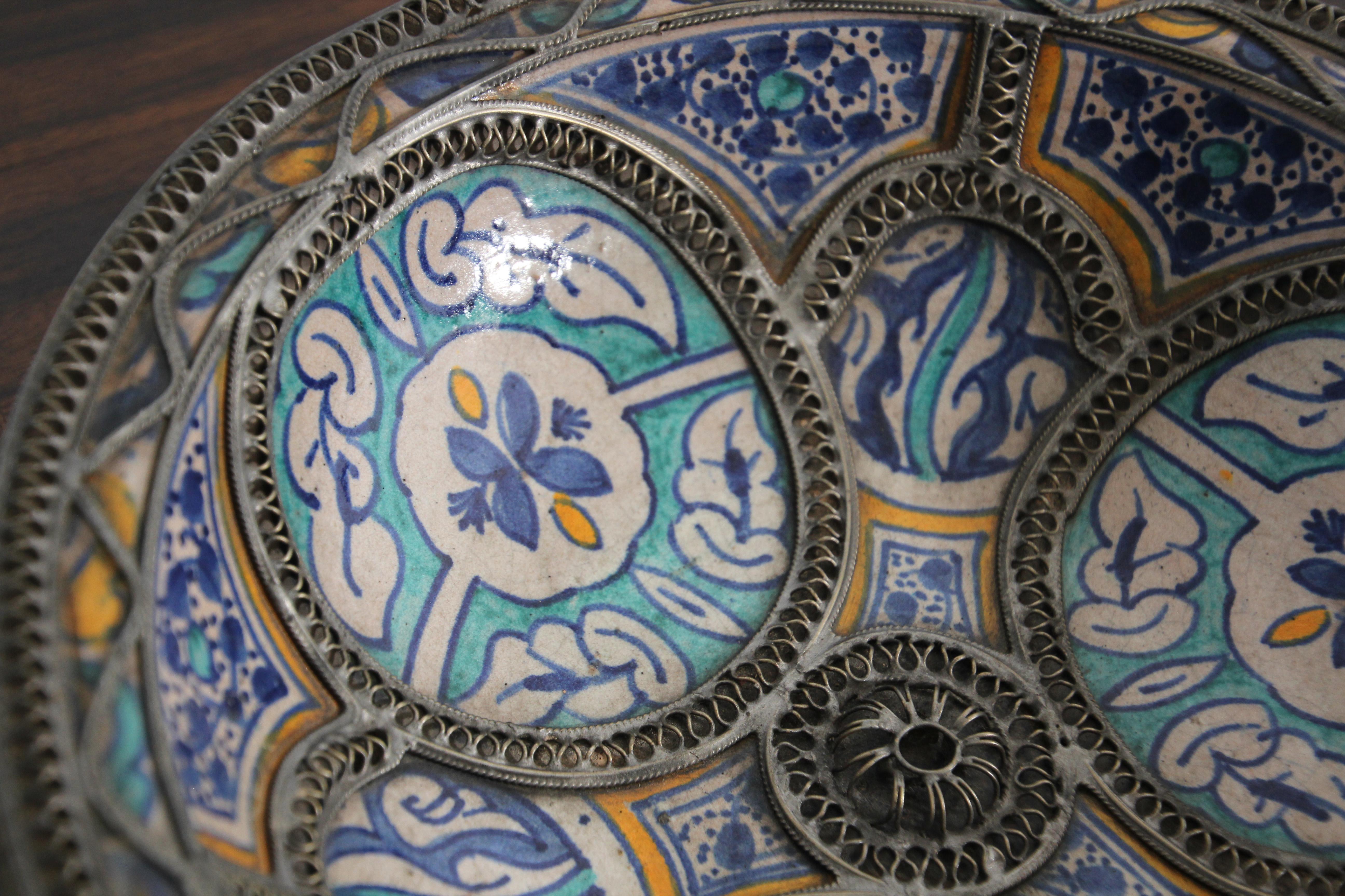 Antique Moorish Ceramic Dish Bowl Adorned with Silver Filigree from Fez 3