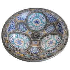 Moorish Ceramic Dish Bowl Adorned with Silver Filigree from Fez