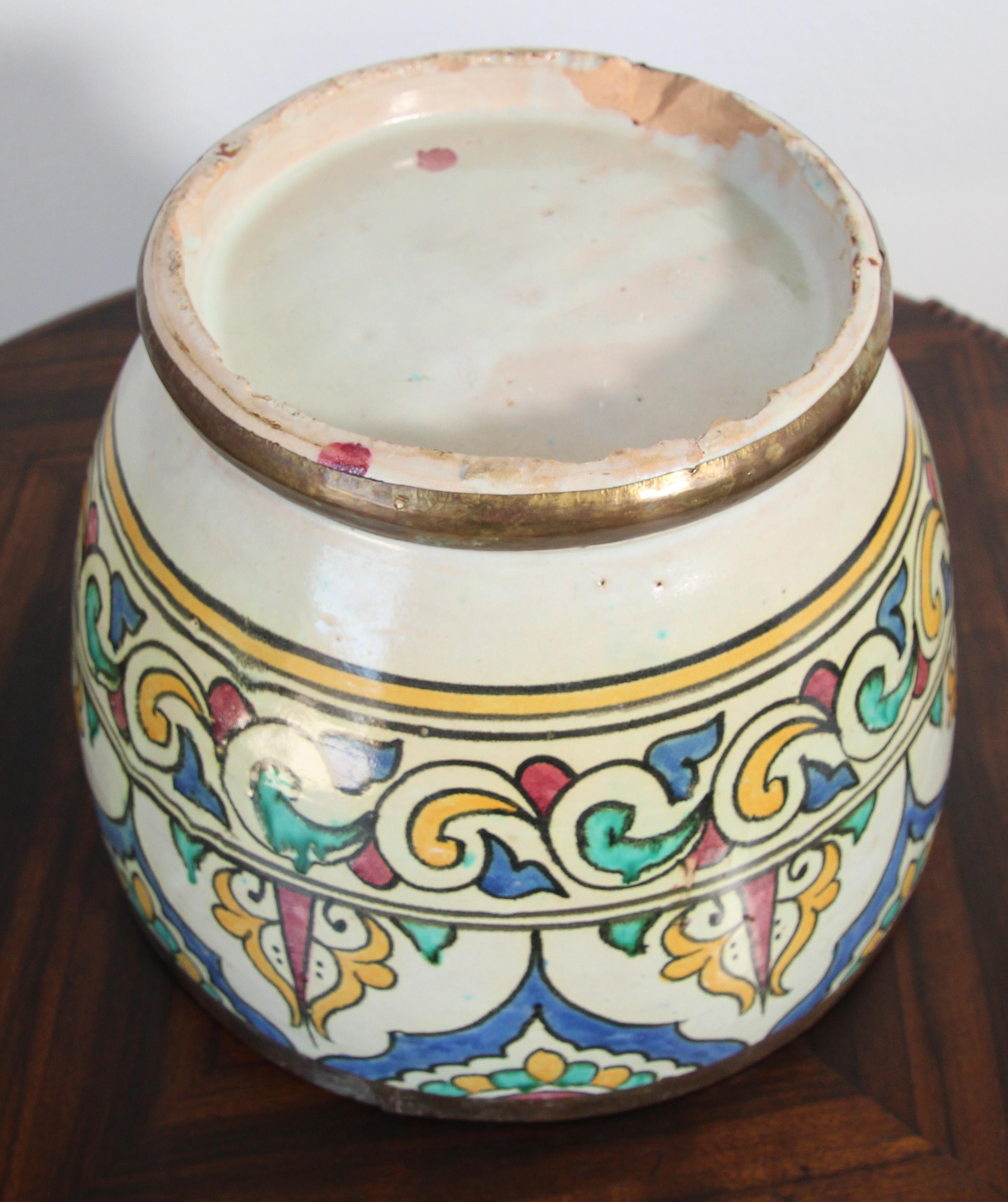 Moorish Antique Moroccan Ceramic Glazed Bowl Handcrafted in Fez Meknes Jobbana 1900 For Sale