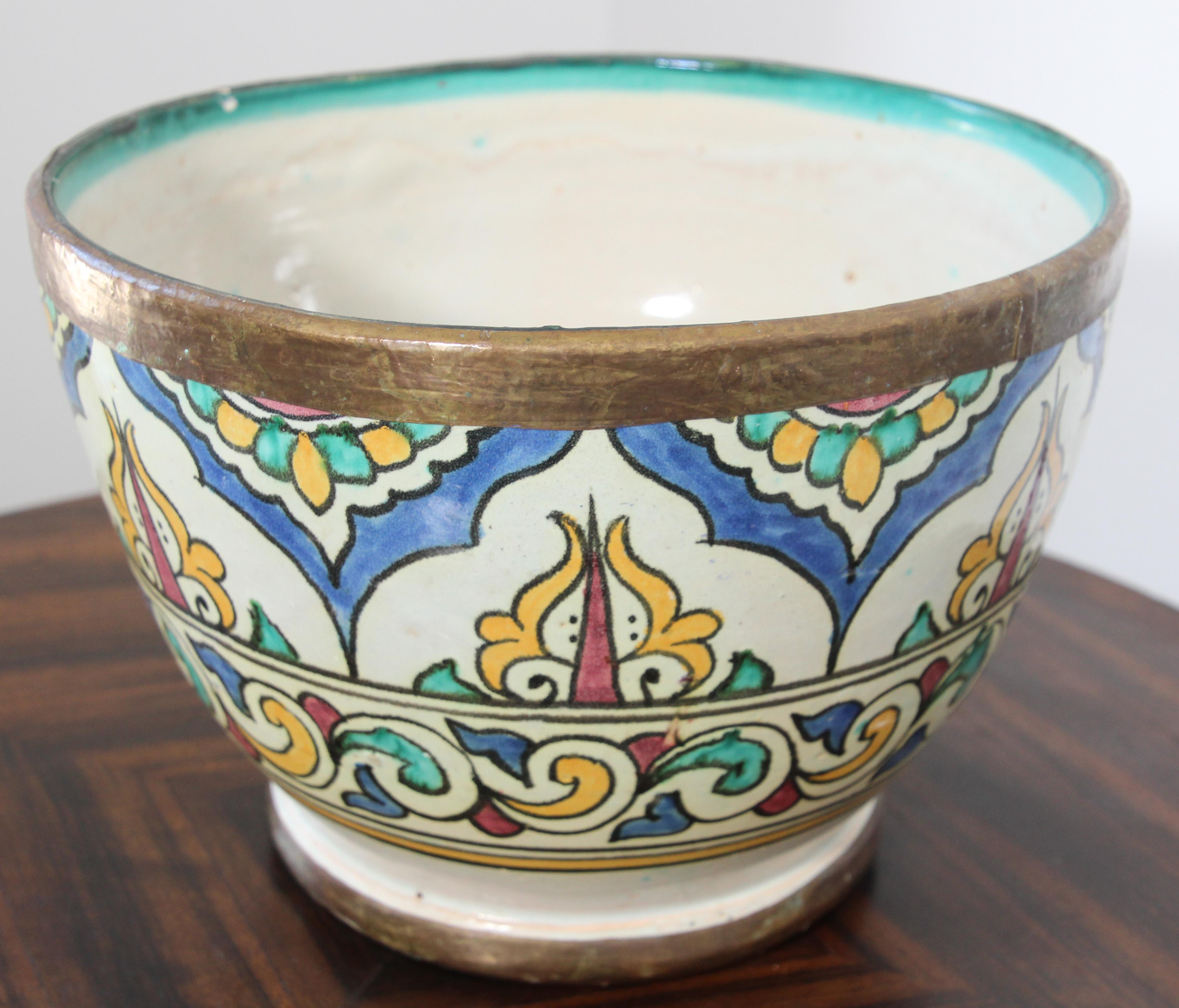 Hand-Crafted Antique Moroccan Ceramic Glazed Bowl Handcrafted in Fez Meknes Jobbana 1900 For Sale