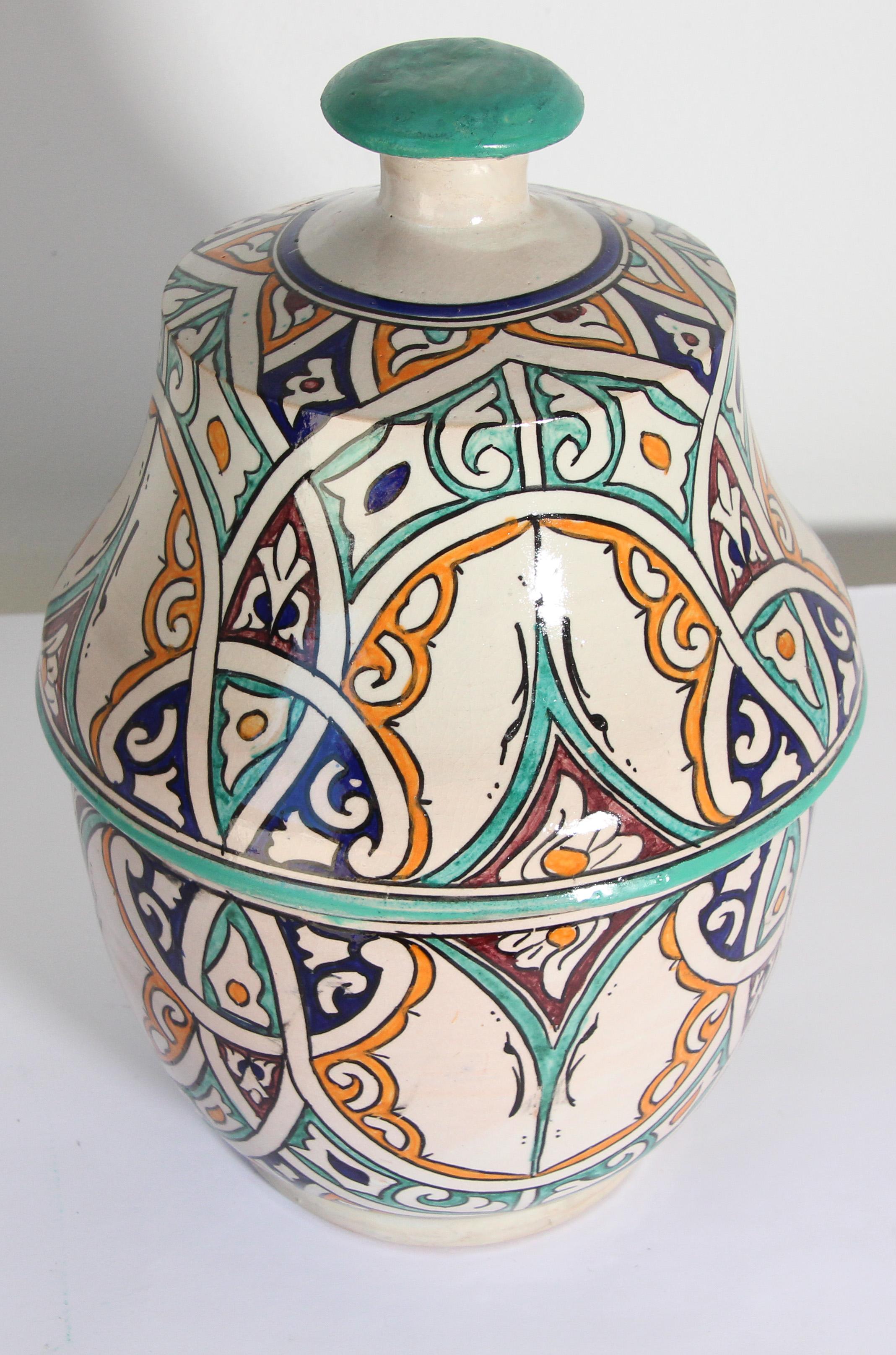 20th Century Moorish Ceramic Glazed Covered Jar Handcrafted in Fez Morocco