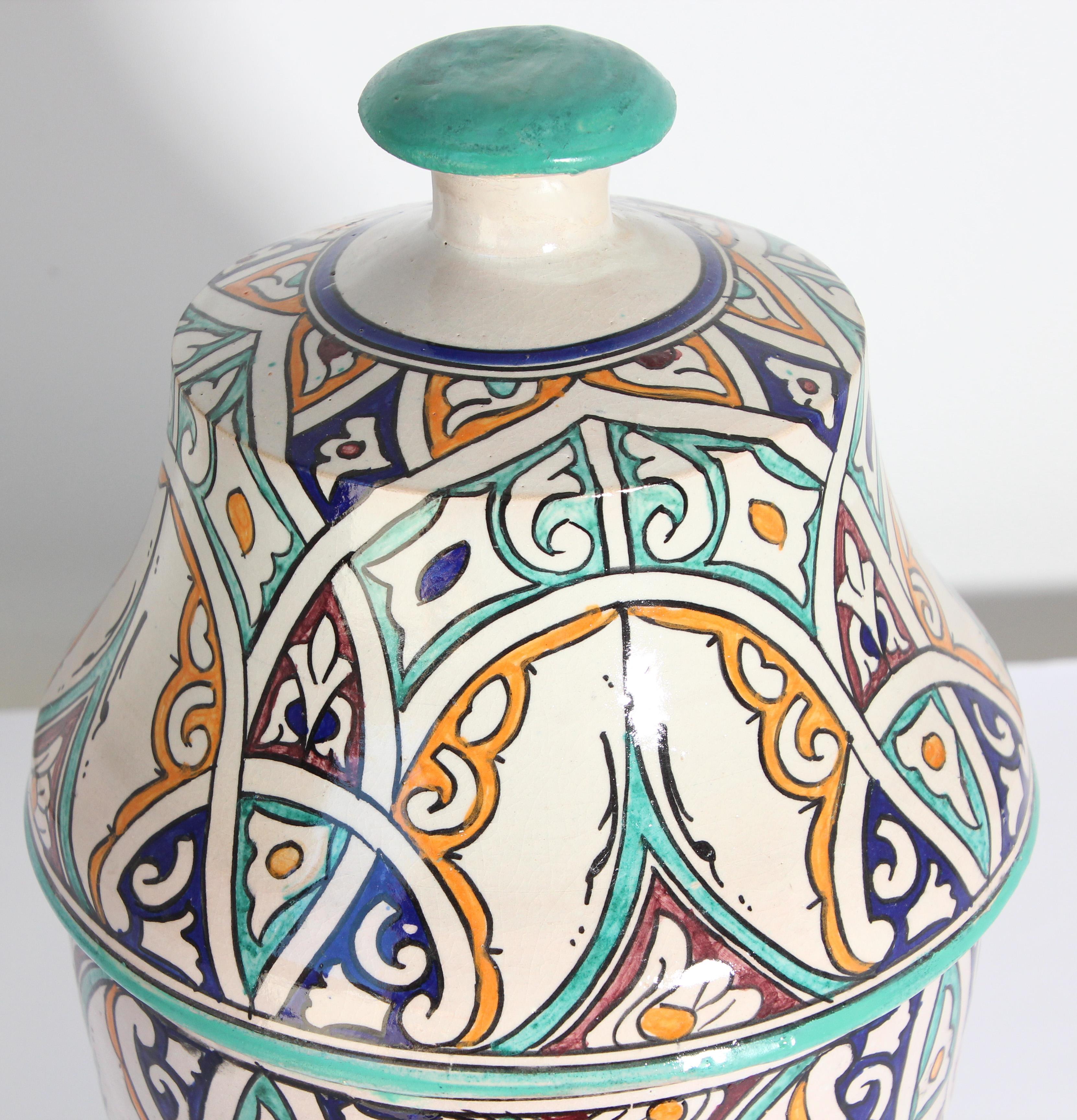 Moorish Ceramic Glazed Covered Jar Handcrafted in Fez Morocco 1