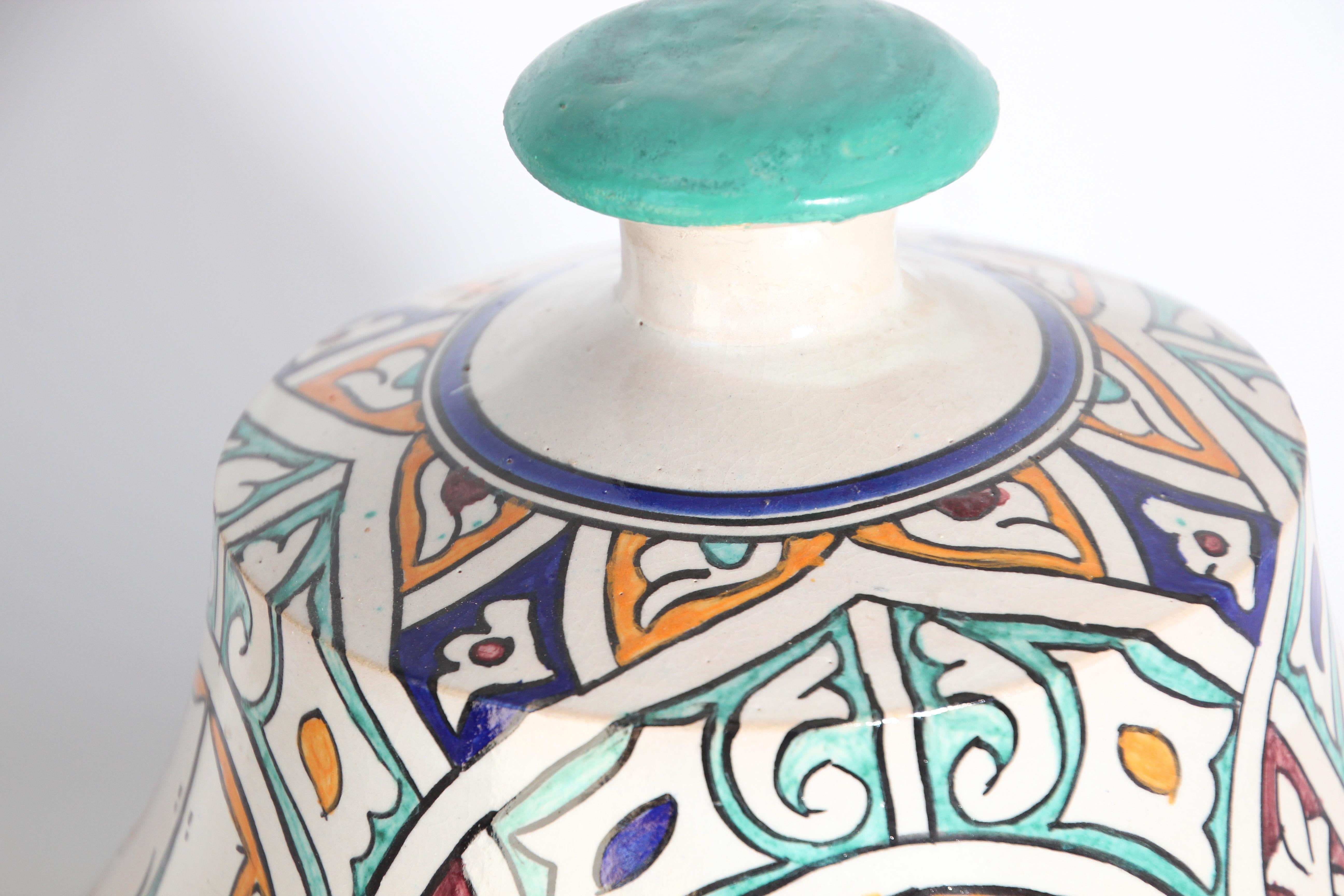 Moorish Ceramic Glazed Covered Jar Handcrafted in Fez Morocco 2