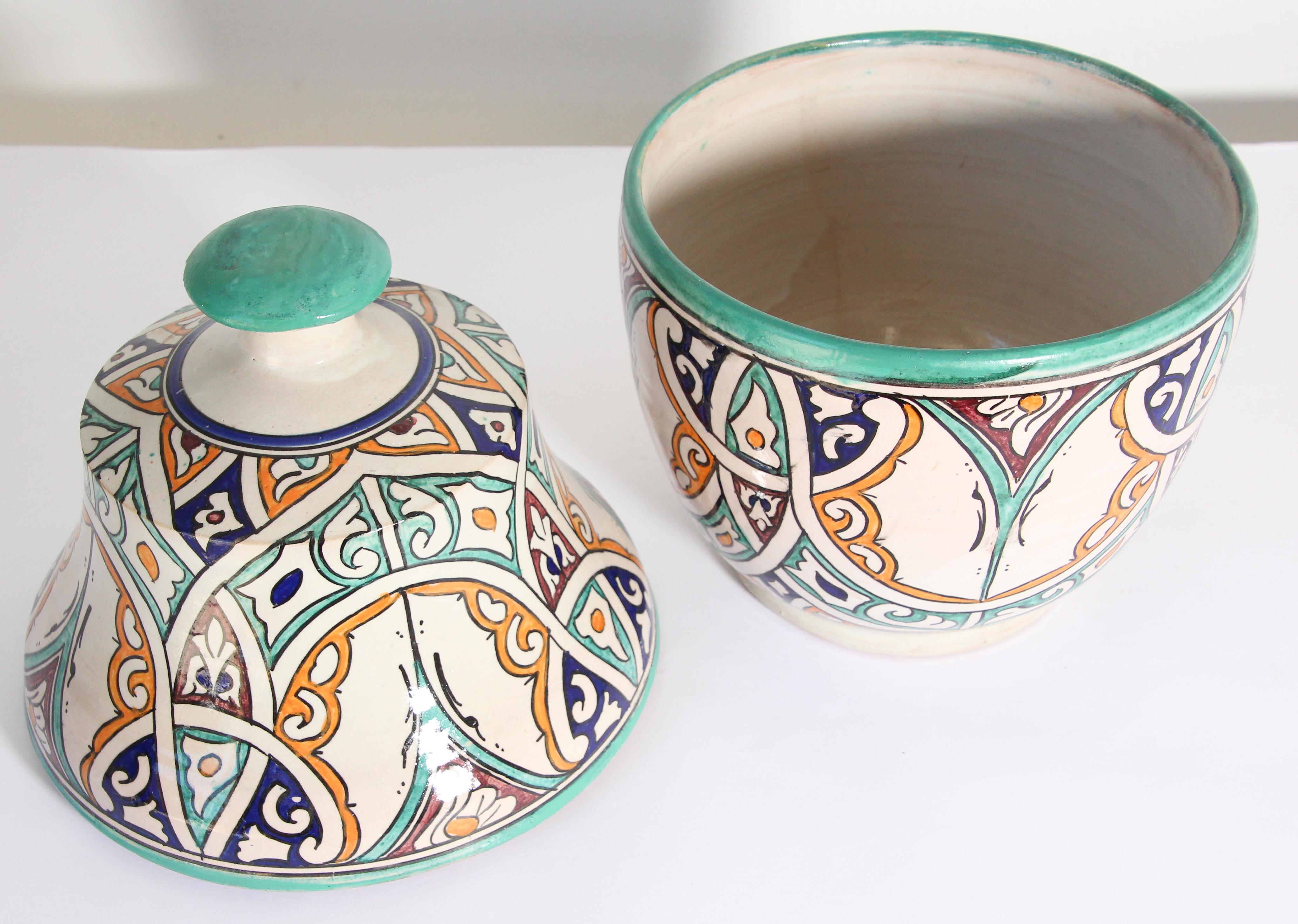 Moorish Ceramic Glazed Covered Jar Handcrafted in Fez Morocco 4